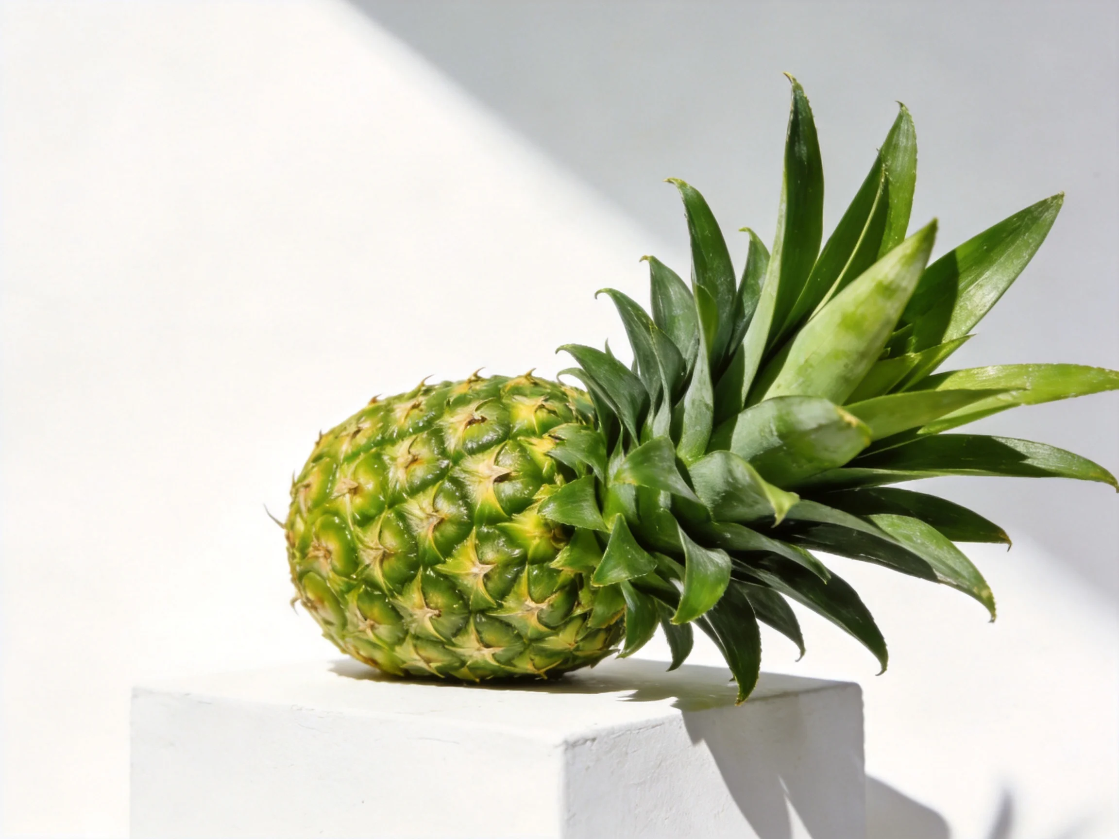 A fresh green pineapple rests on a white pedestal with vibrant lighting