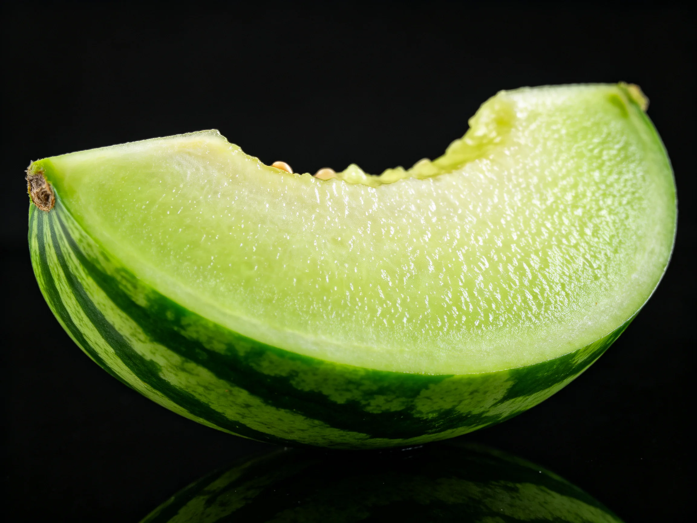 A fresh green watermelon slice with a bite mark on dark backdrop