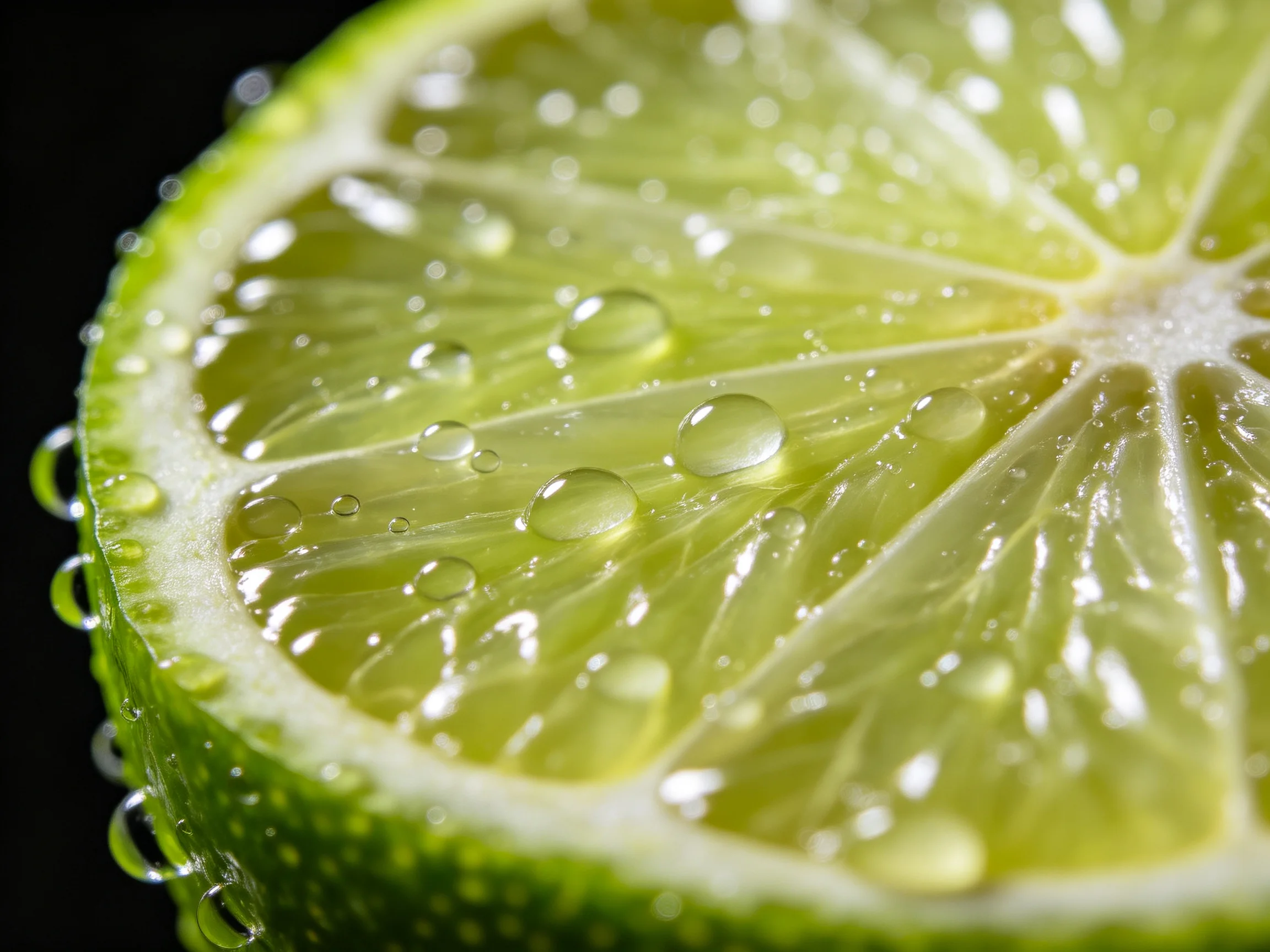 A fresh lime slice with numerous glistening water droplets