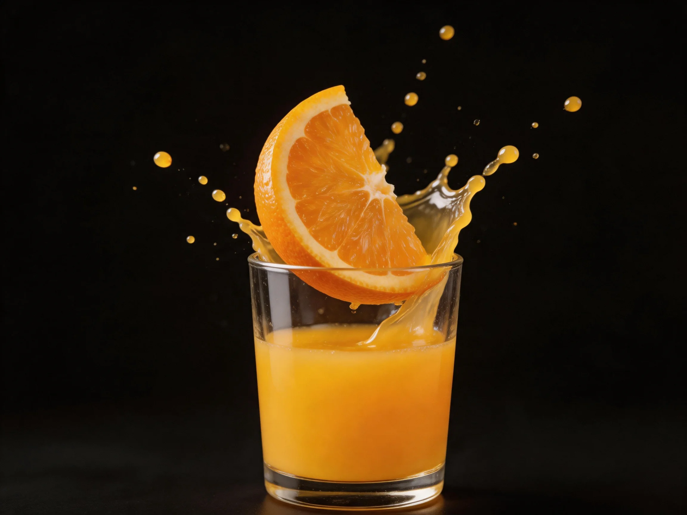 A fresh orange slice splashes into a glass of vibrant orange juice