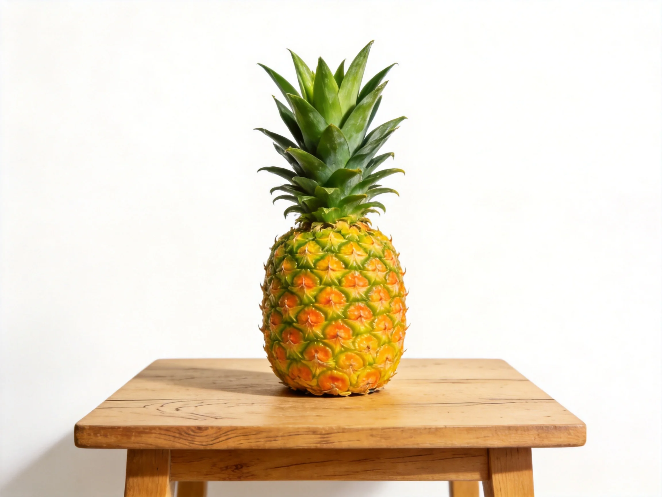 A fresh pineapple with green crown sits on a wooden table
