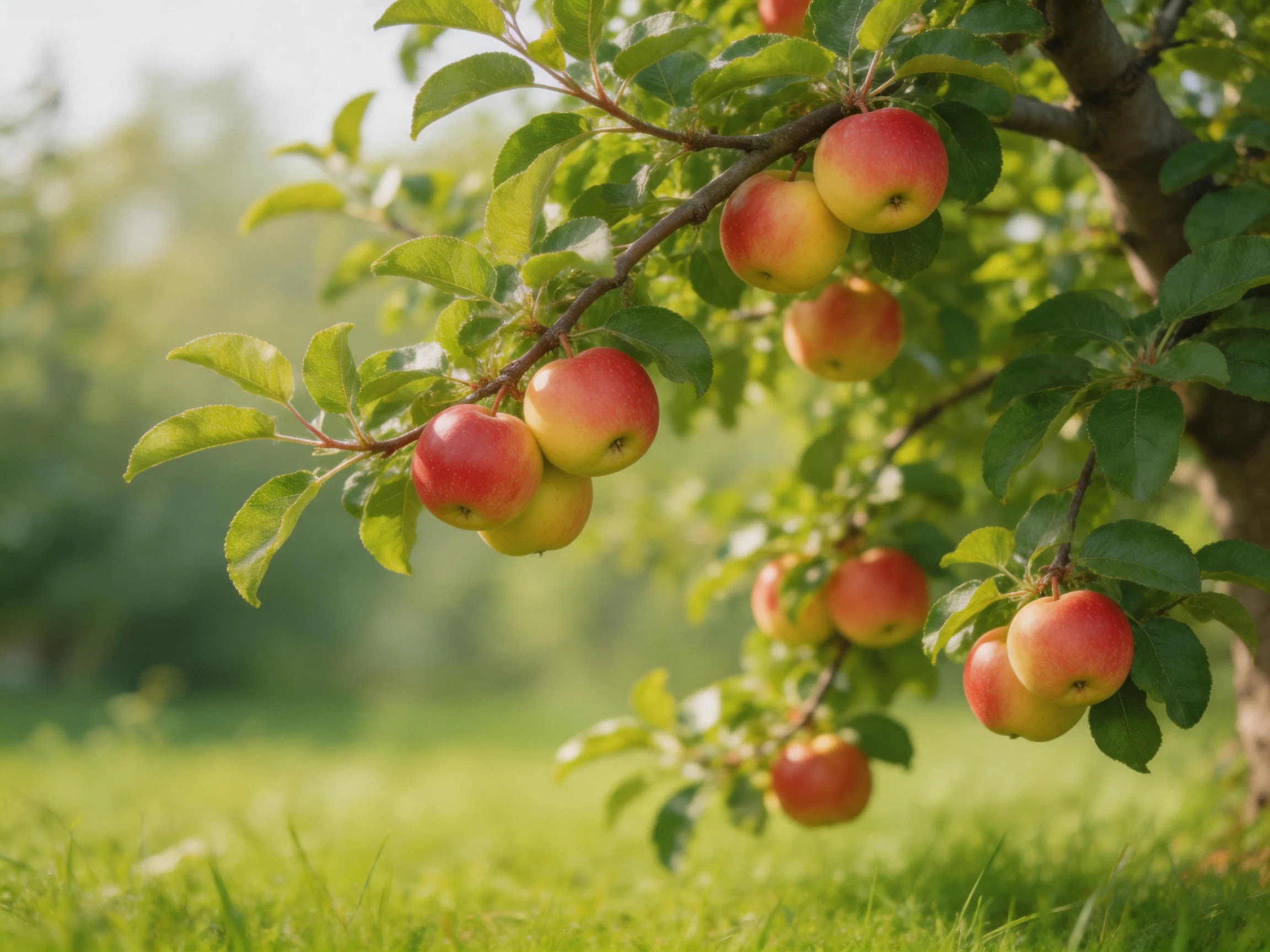 A fruit-laden apple tree with red-yellow apples and green foliage