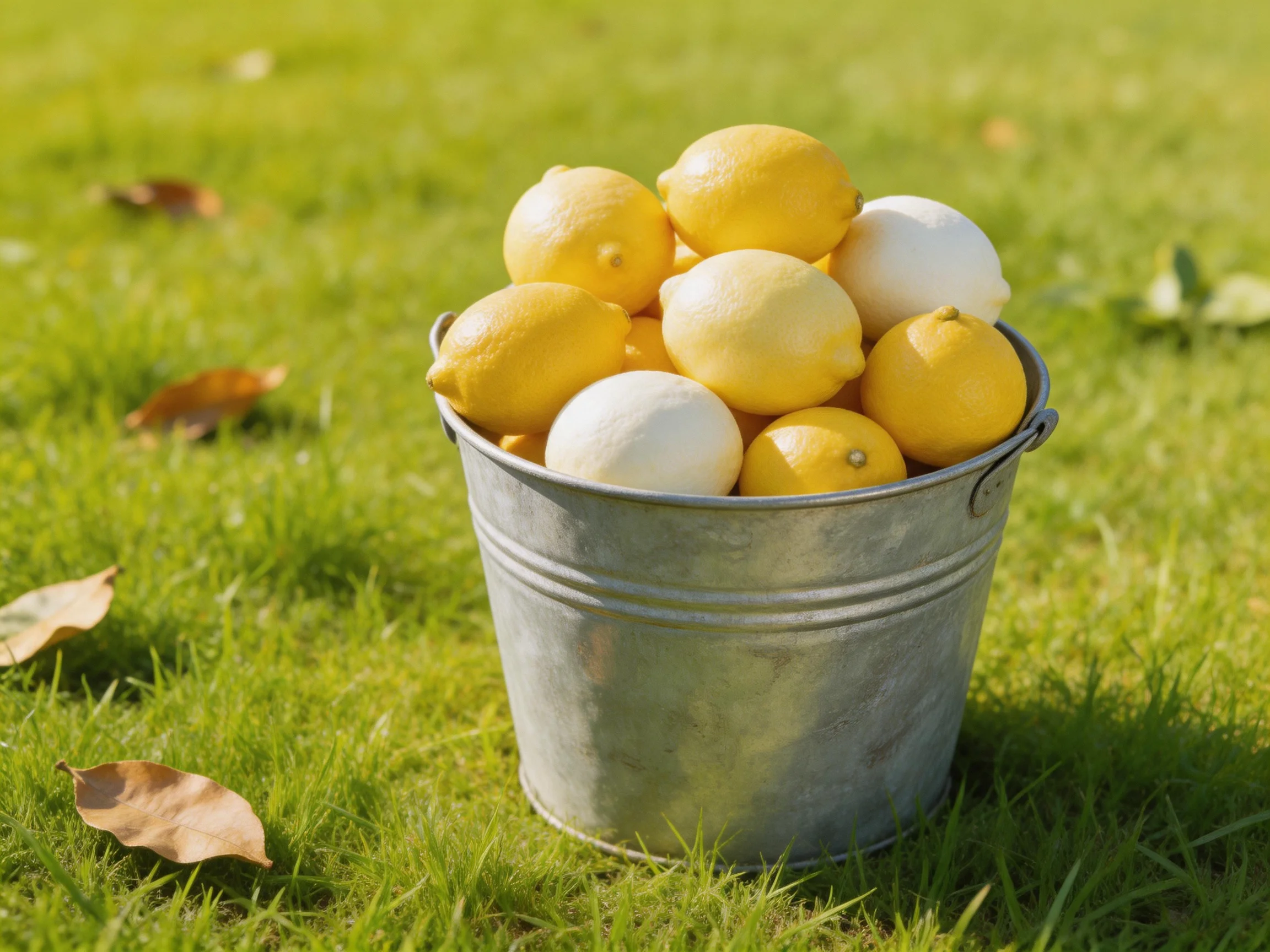 A galvanized bucket holds yellow and white lemons on green grass