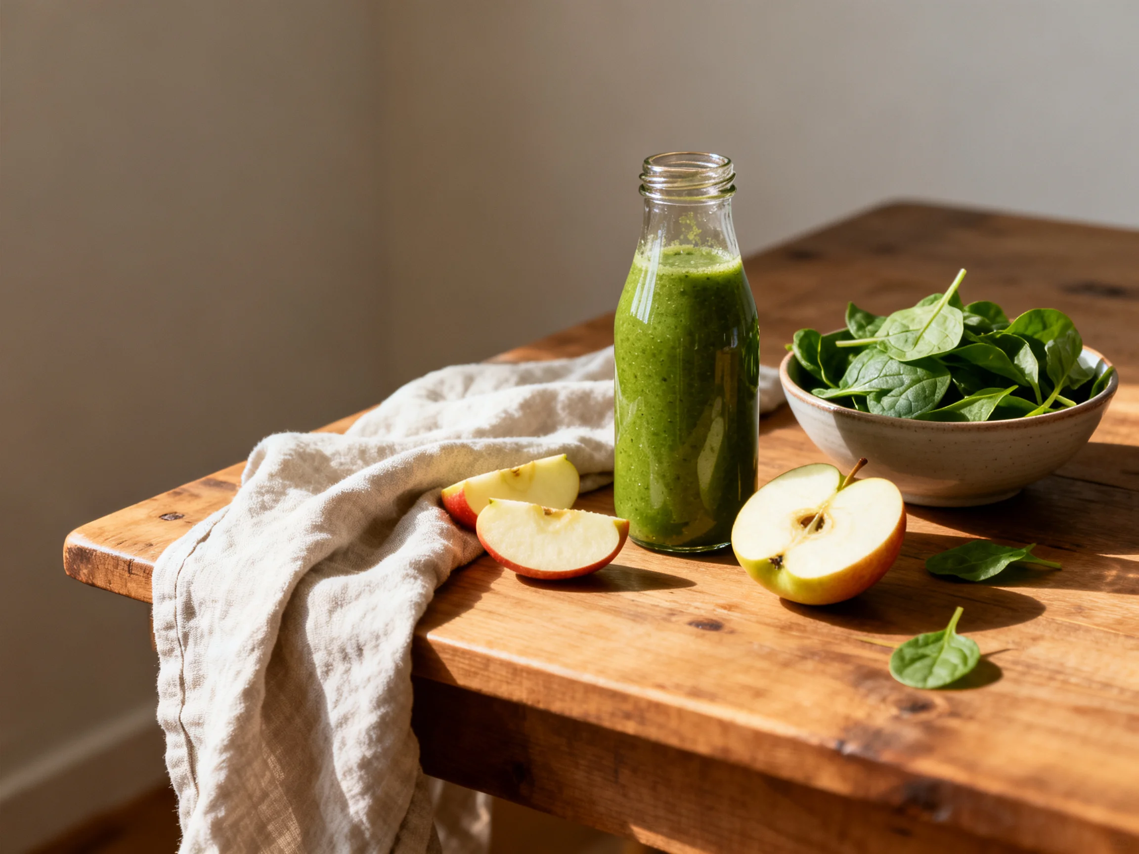A glass bottle of green smoothie with apple slices and spinach on a wooden table