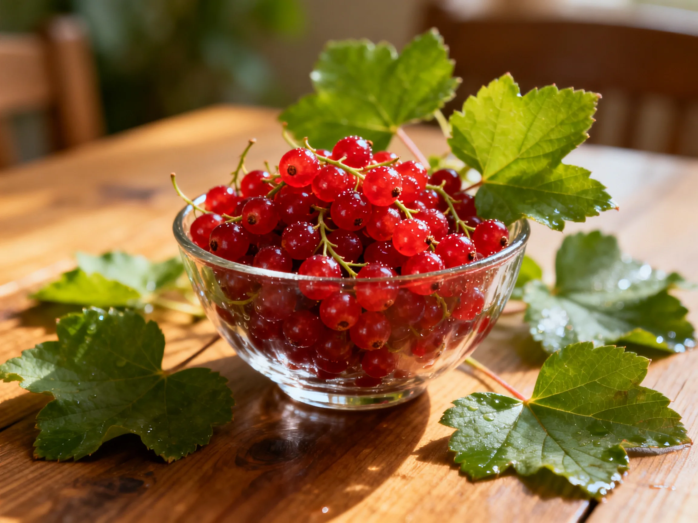 A glass bowl brimming with vibrant red currants on a wooden table
