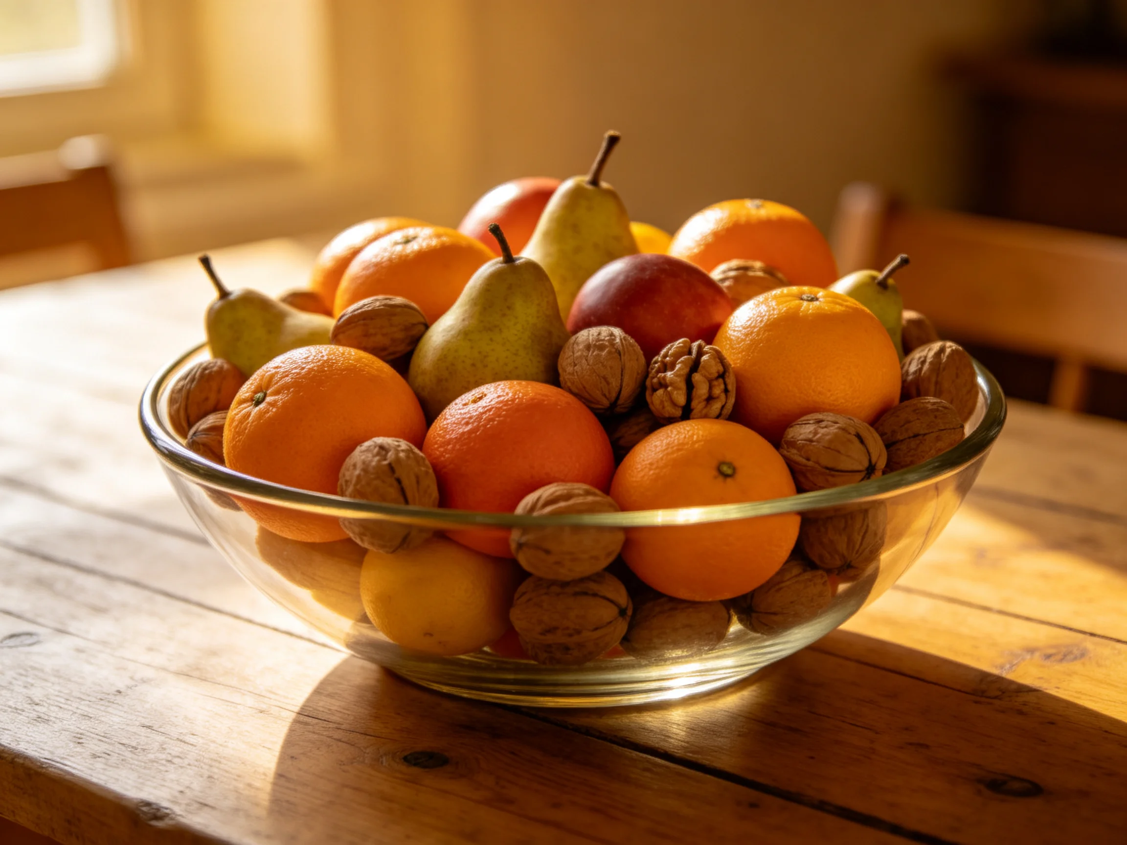 A glass bowl filled with oranges, pears, and walnuts on a wooden table