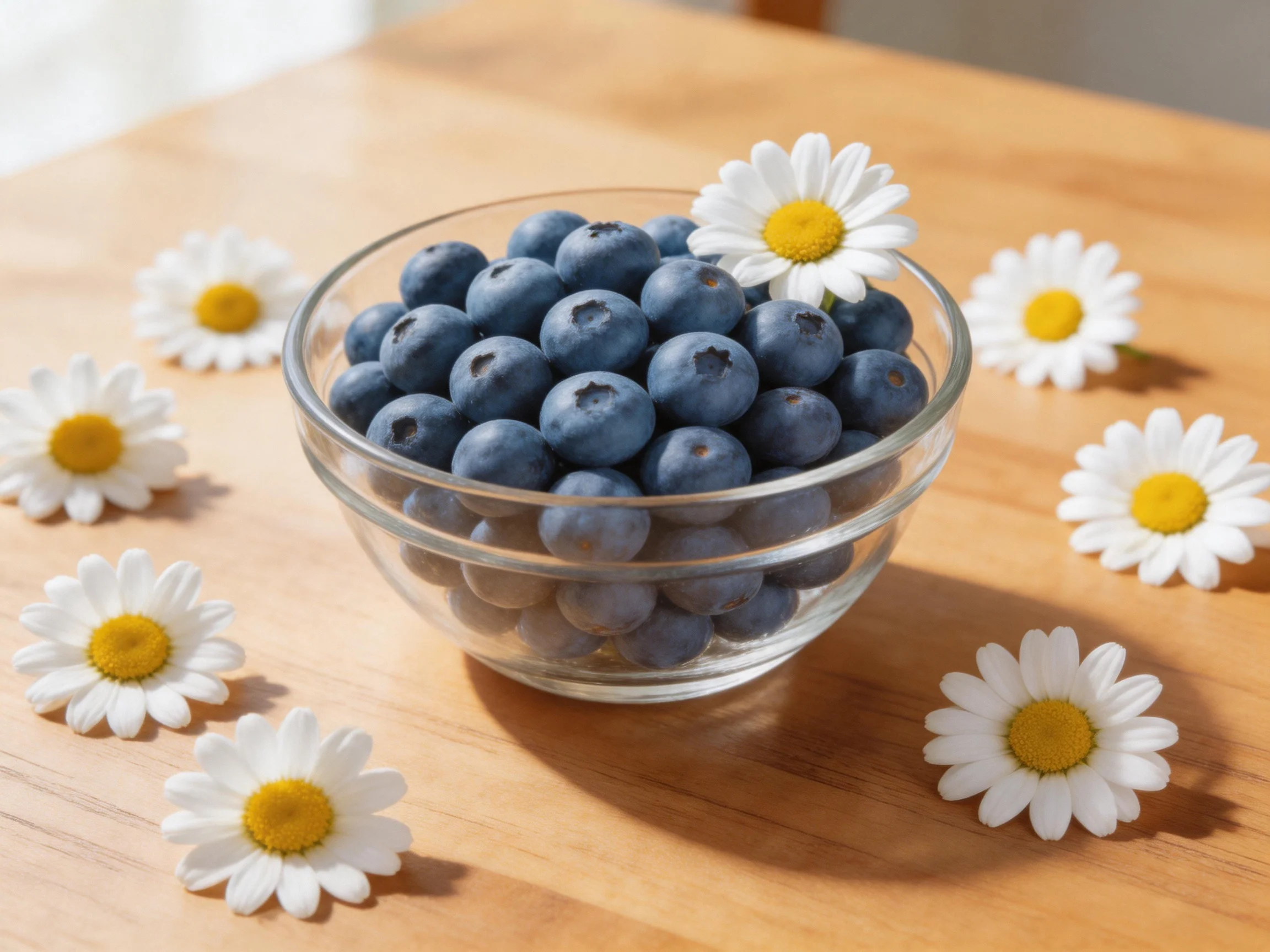 A glass bowl filled with plump blueberries beside white daisies on a wooden surface