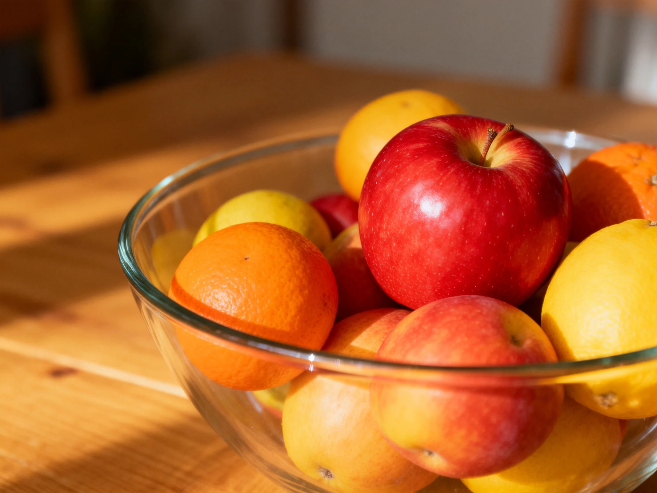 A glass bowl filled with vibrant red apples, oranges, and yellow citrus