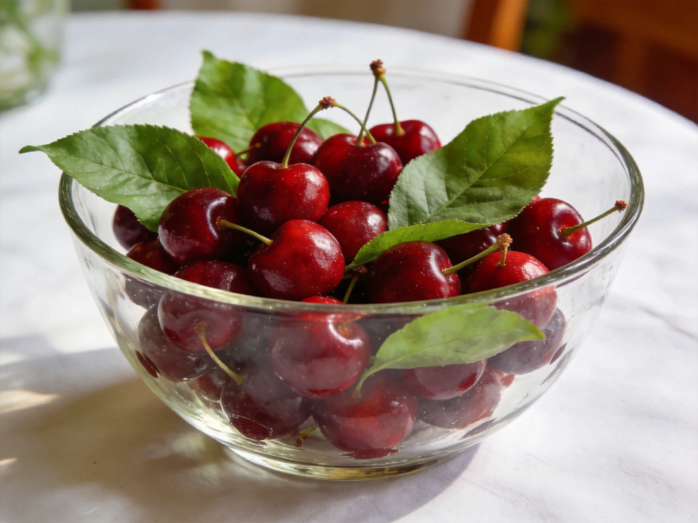 A glass bowl filled with vibrant red cherries and green leaves