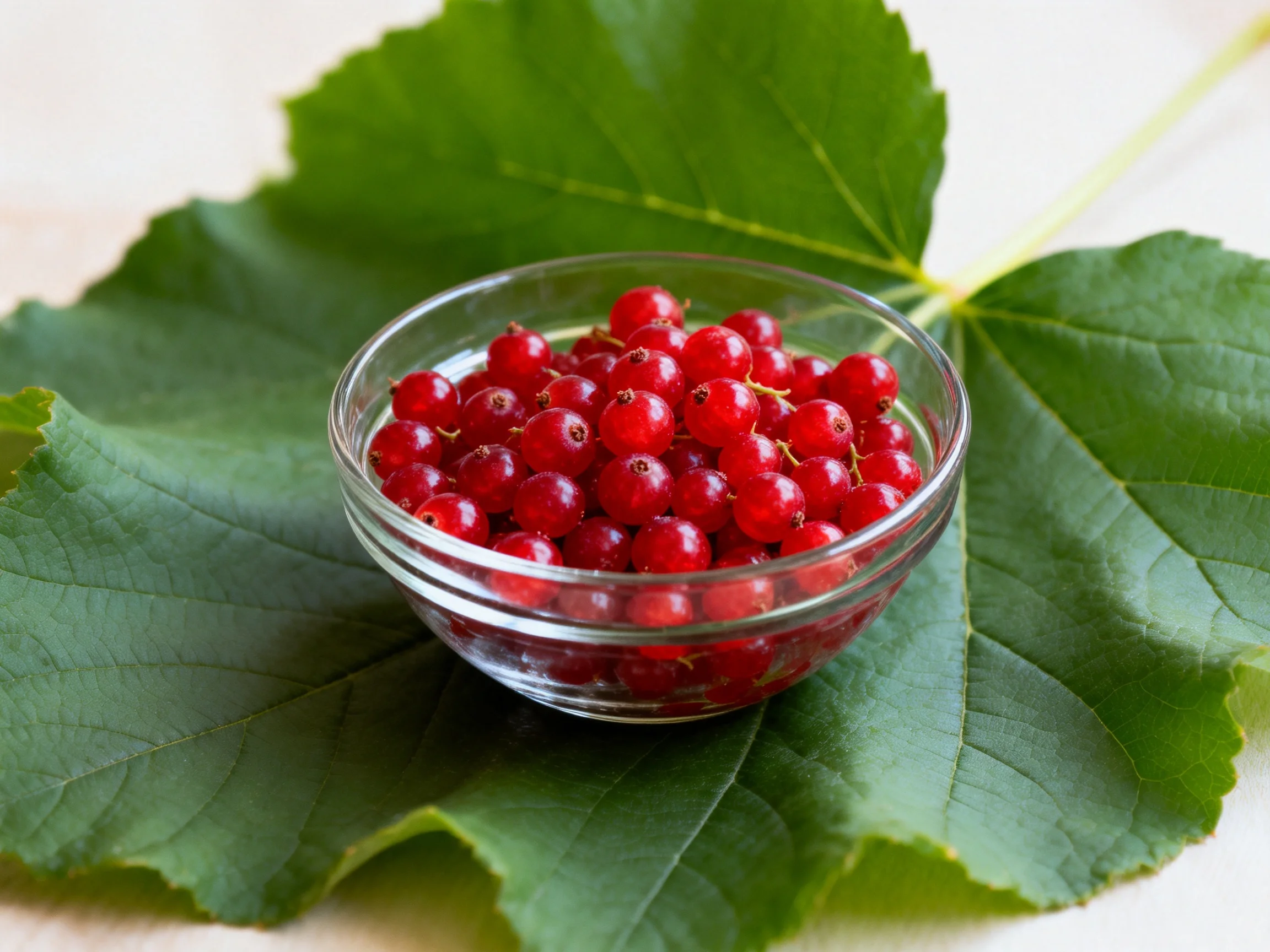 A glass bowl full of red berries sits on large green leaves