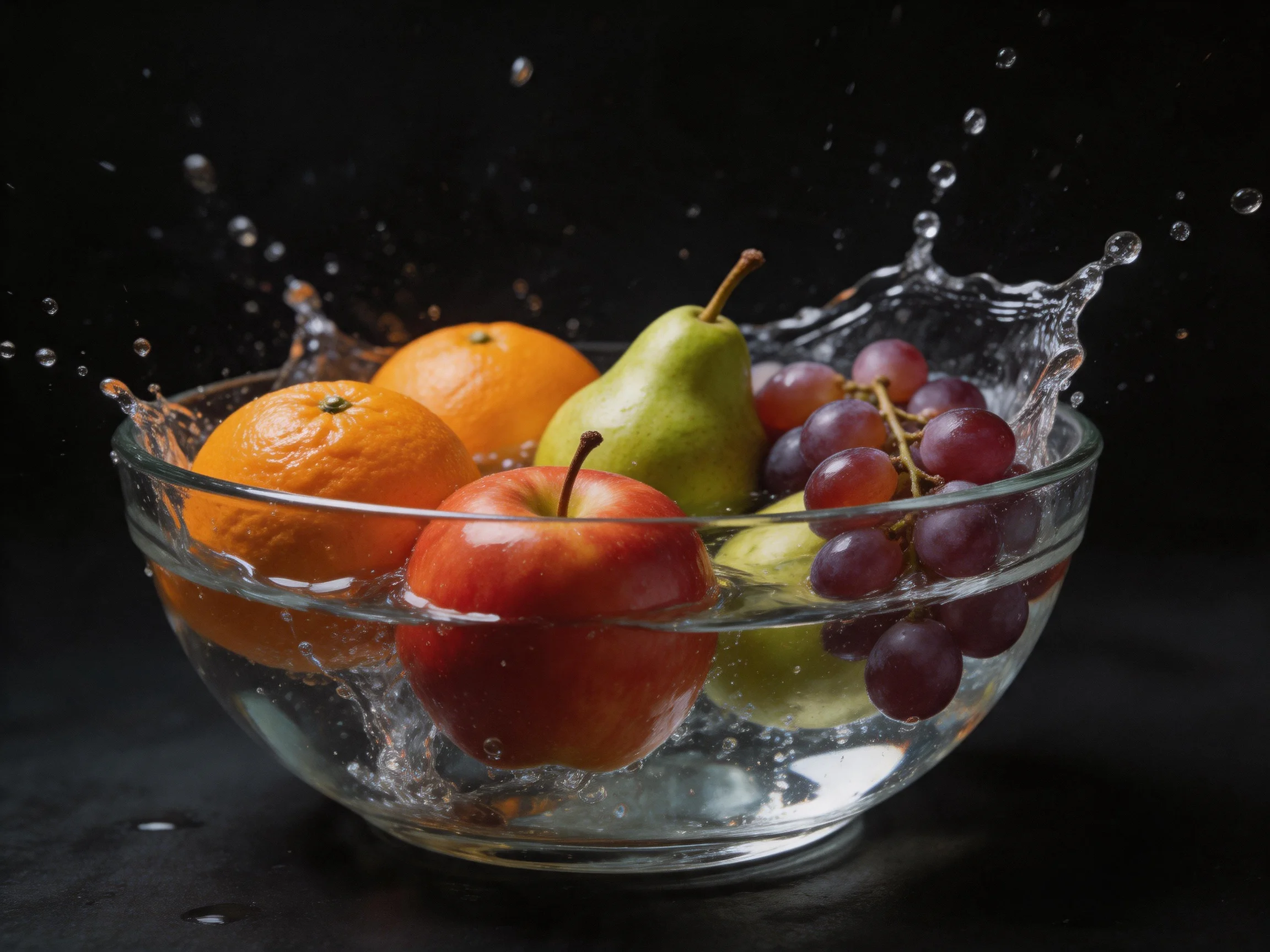 A glass bowl holding oranges, an apple, a pear, and grapes with water splash
