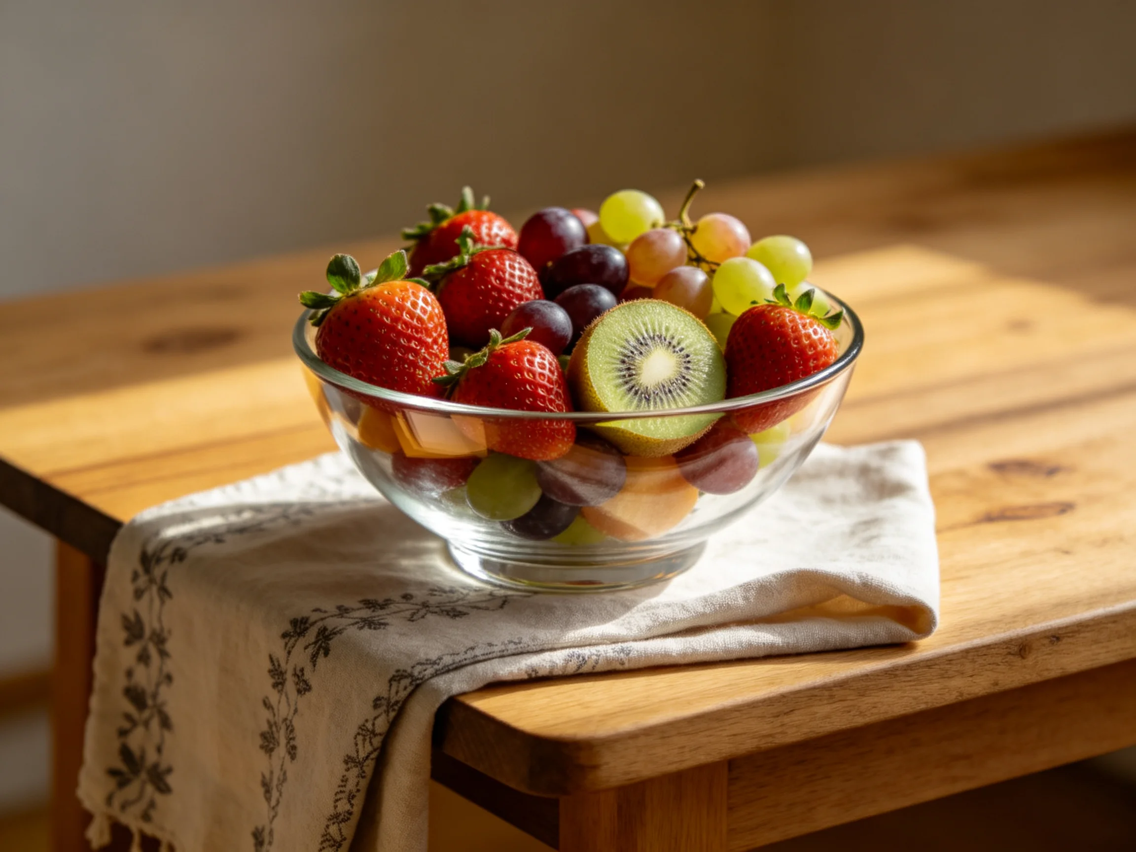 A glass bowl holds assorted colorful fruits like strawberries, grapes, kiwi, and melon