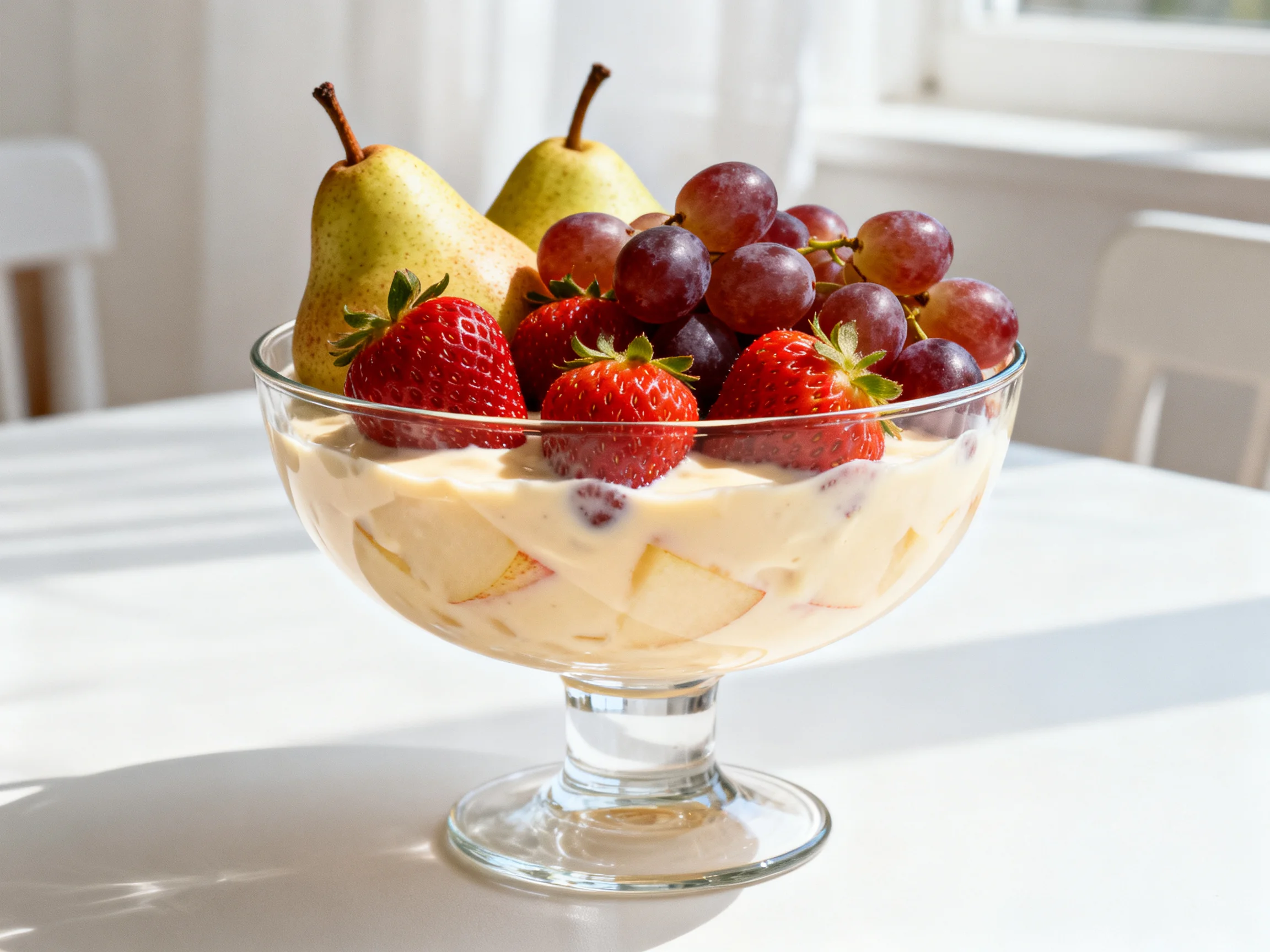 A glass bowl holds fresh pears, strawberries, grapes, and creamy dessert