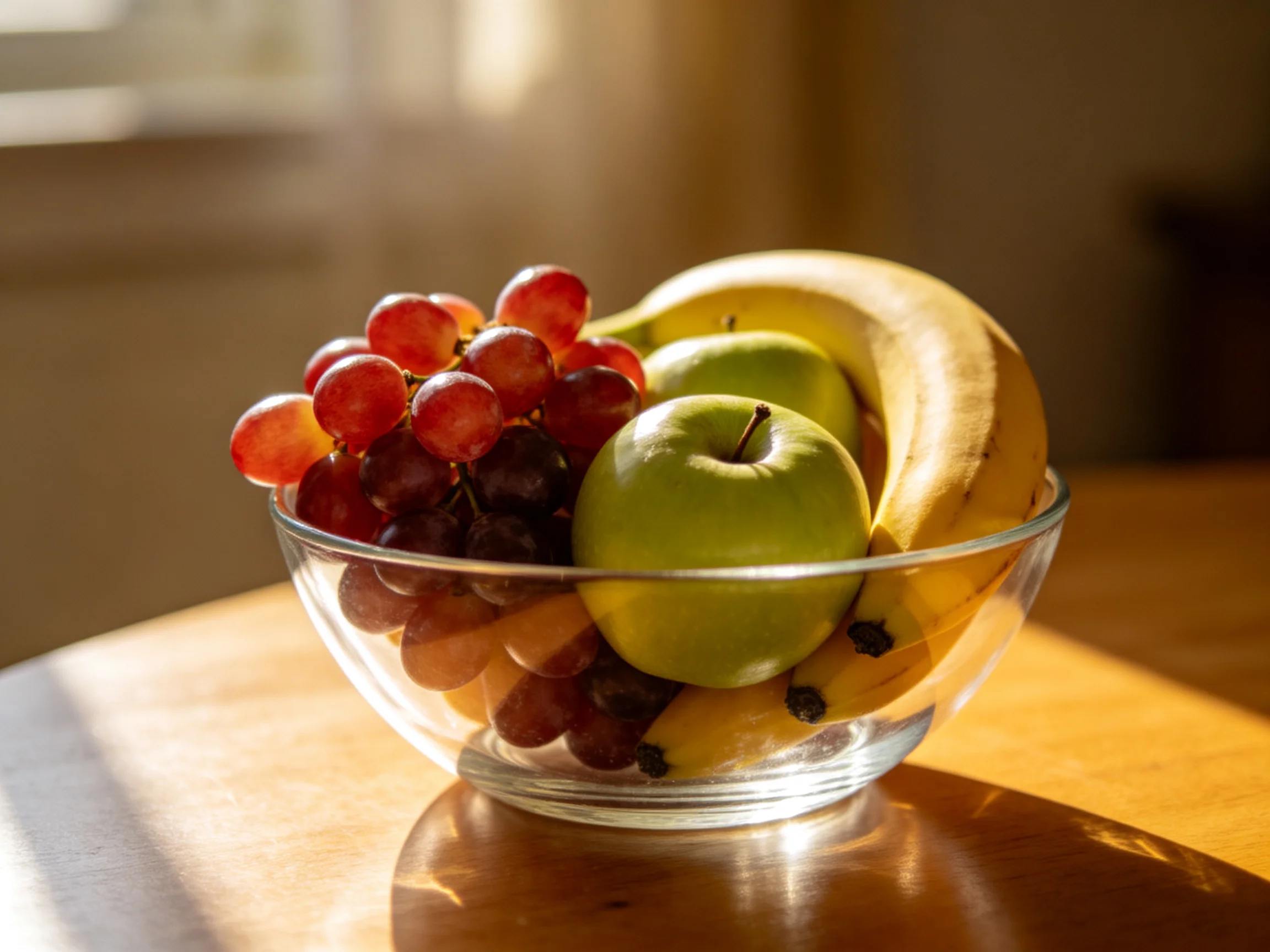 A glass bowl holds red grapes, green apples, and yellow bananas