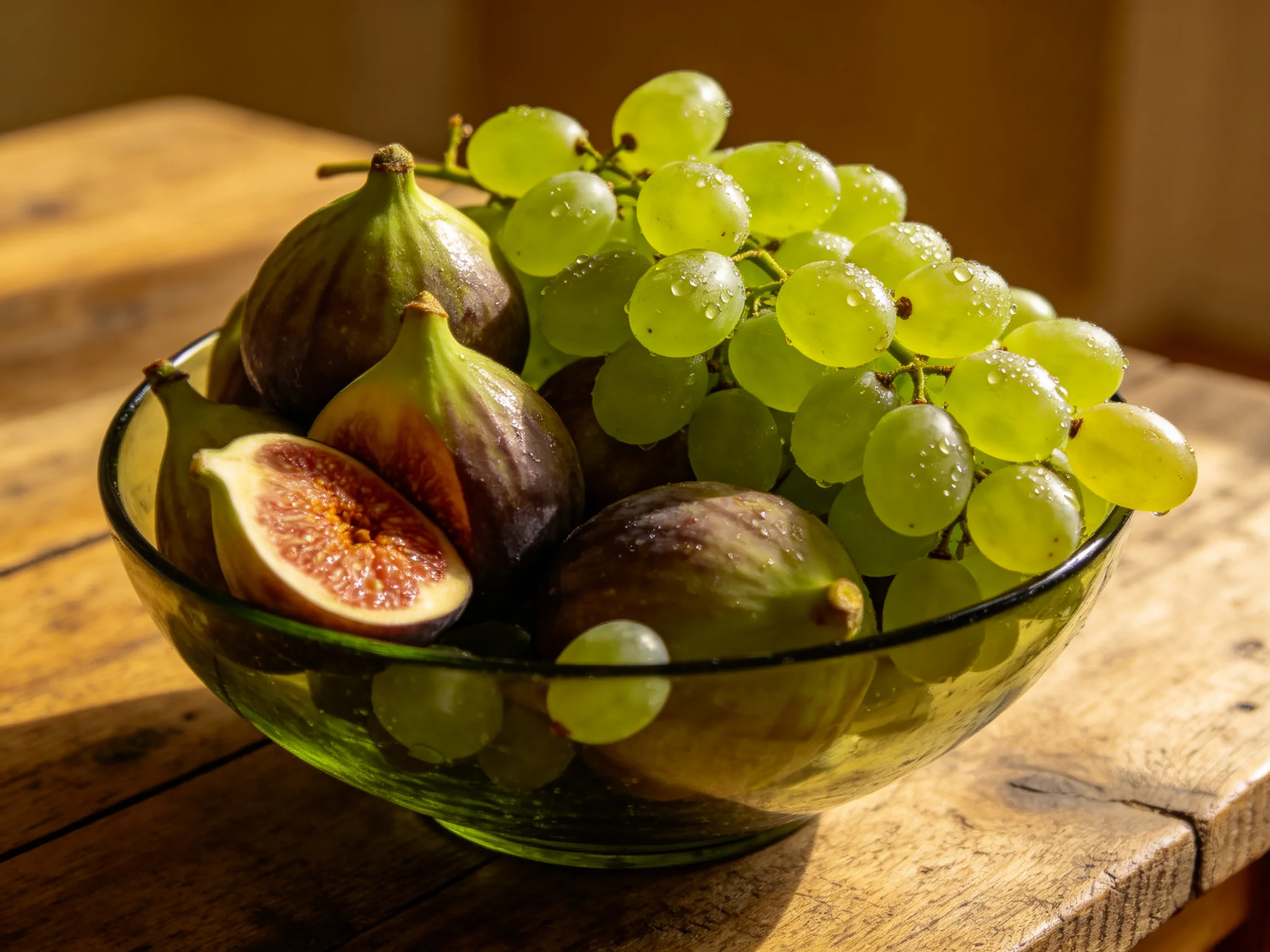 A glass bowl holds ripe figs and fresh green grapes