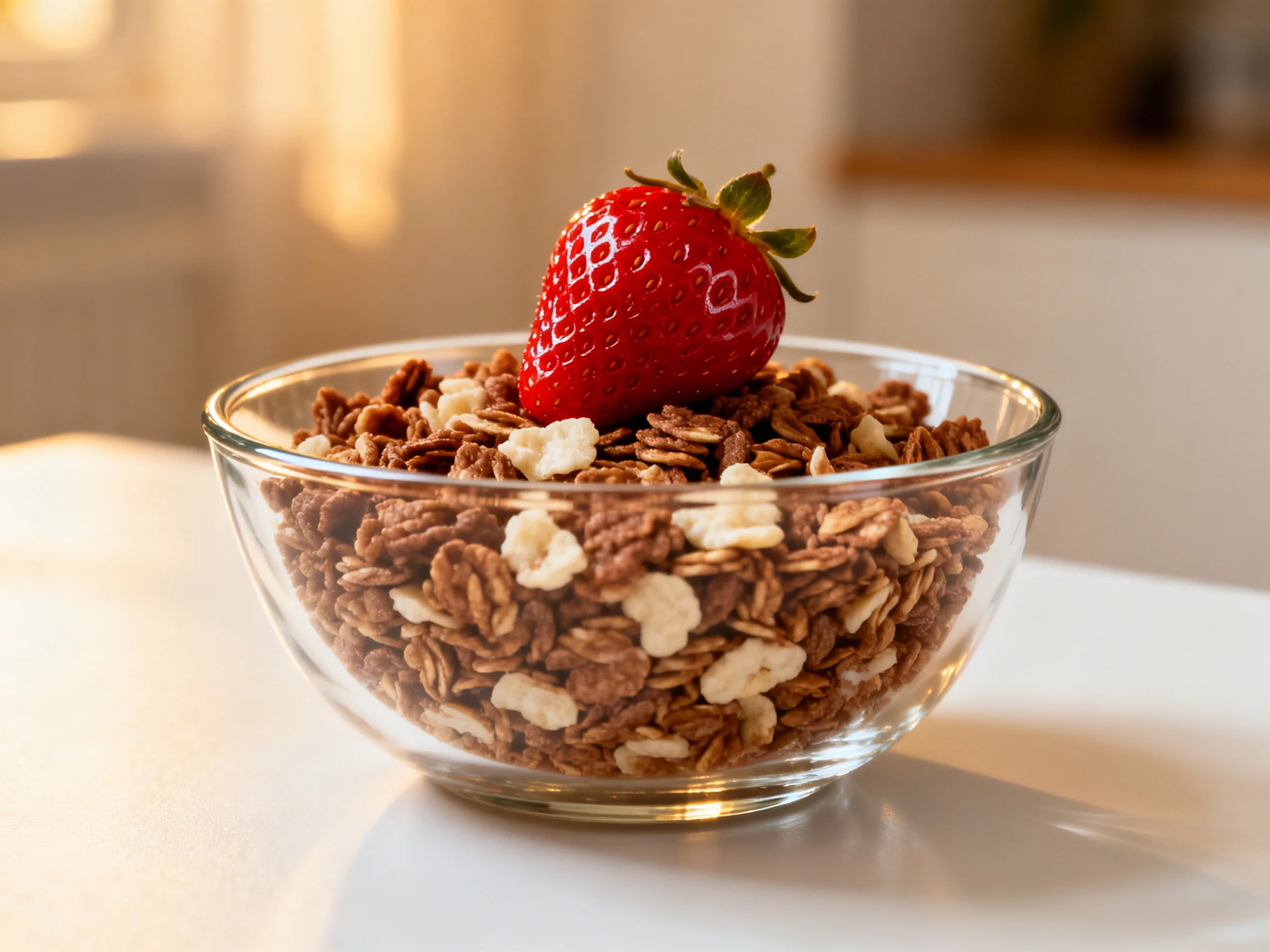 A glass bowl of chocolate cereal with a single strawberry