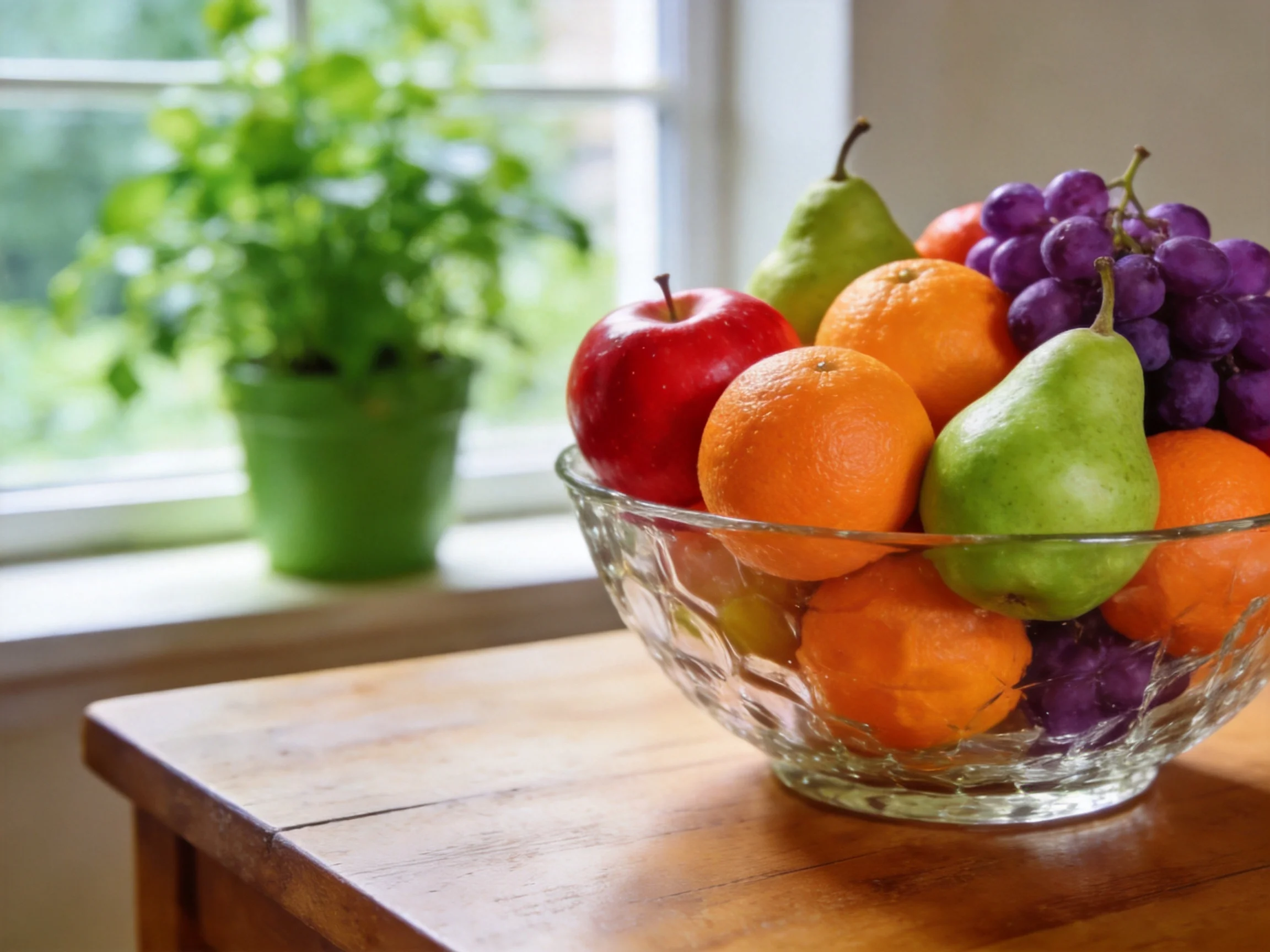 A glass bowl of colorful fruits sits on a wooden table by a sunny window