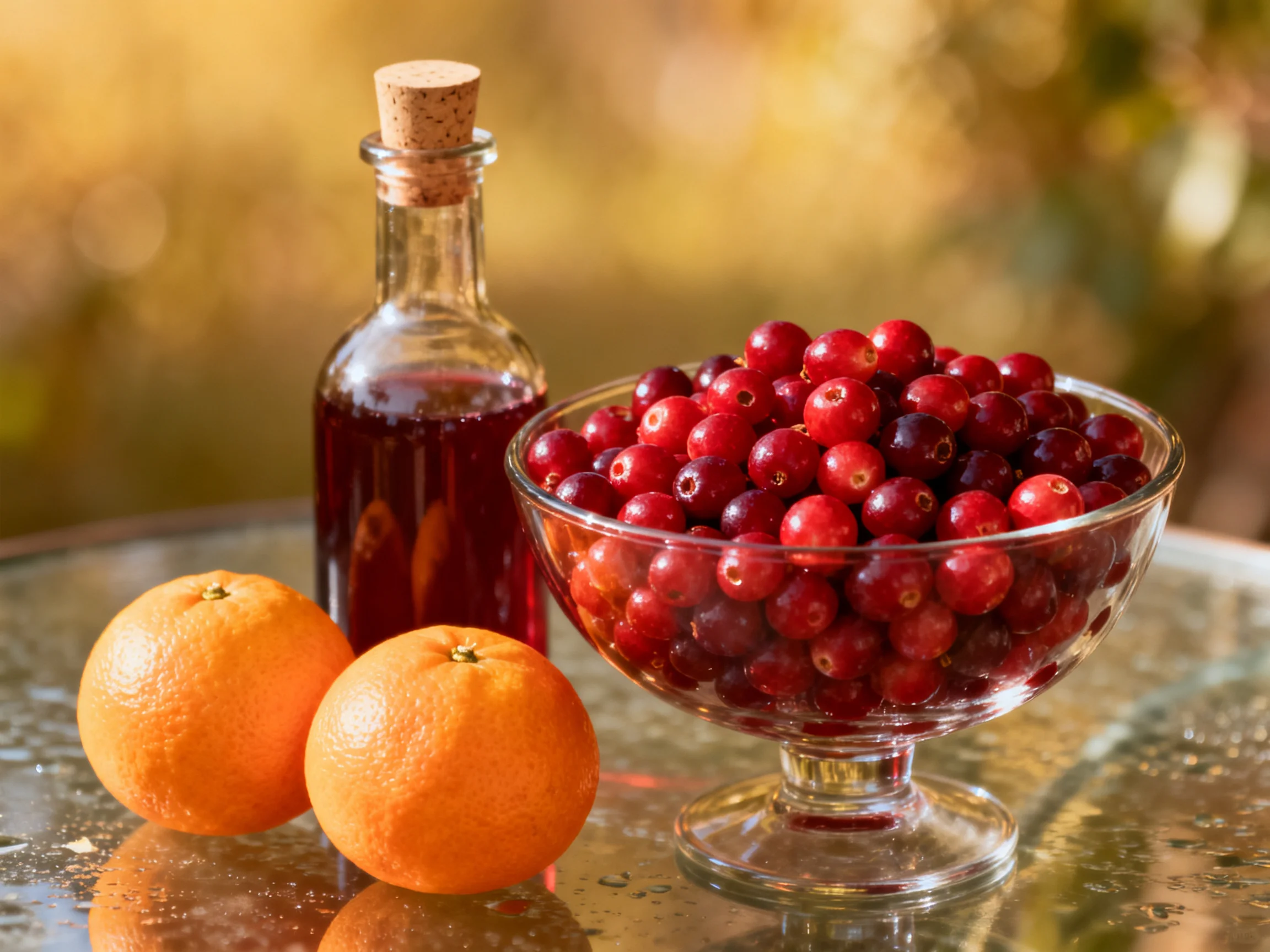 A glass bowl of cranberries, two oranges, and a corked bottle on a reflective table