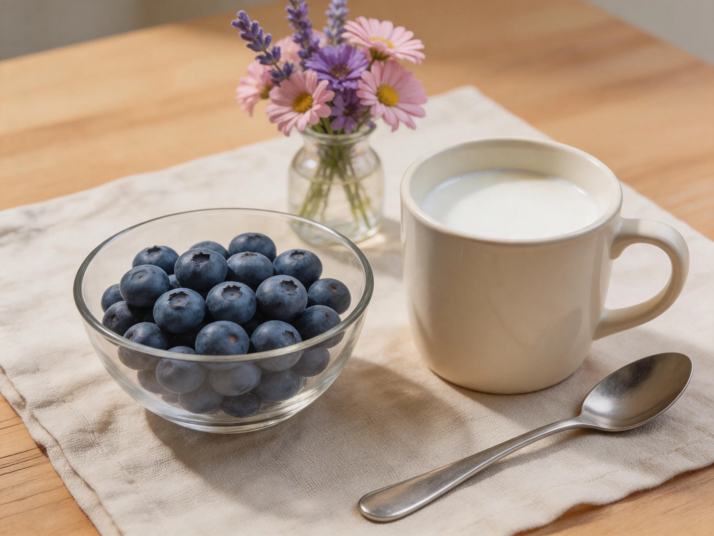 A glass bowl of fresh blueberries near a cream mug with colorful flowers