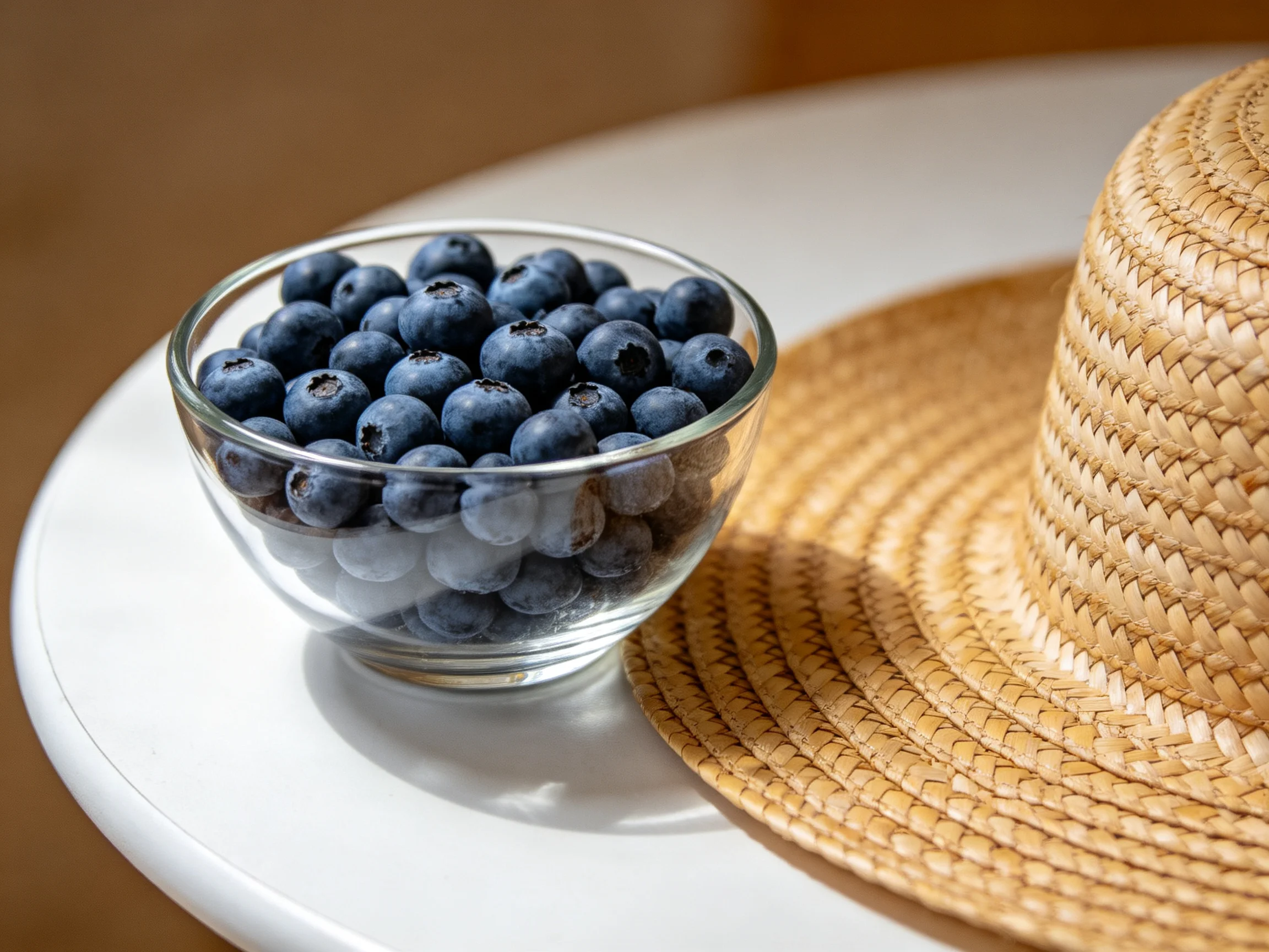 A glass bowl of plump blueberries beside a woven straw hat