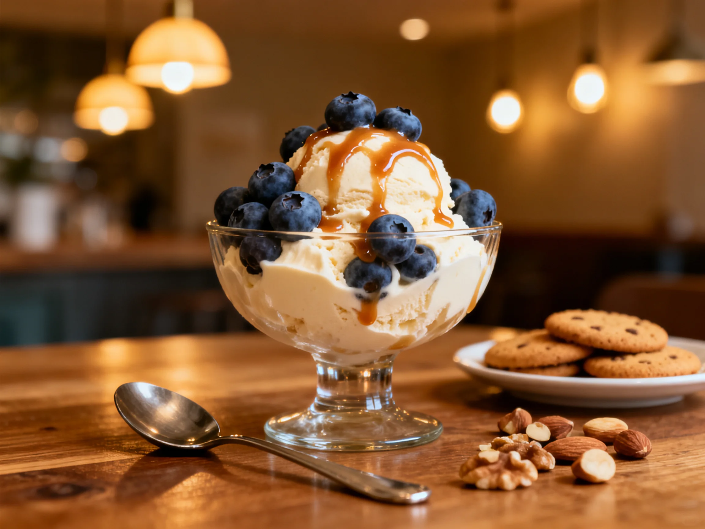 A glass bowl of vanilla ice cream topped with blueberries and caramel sauce