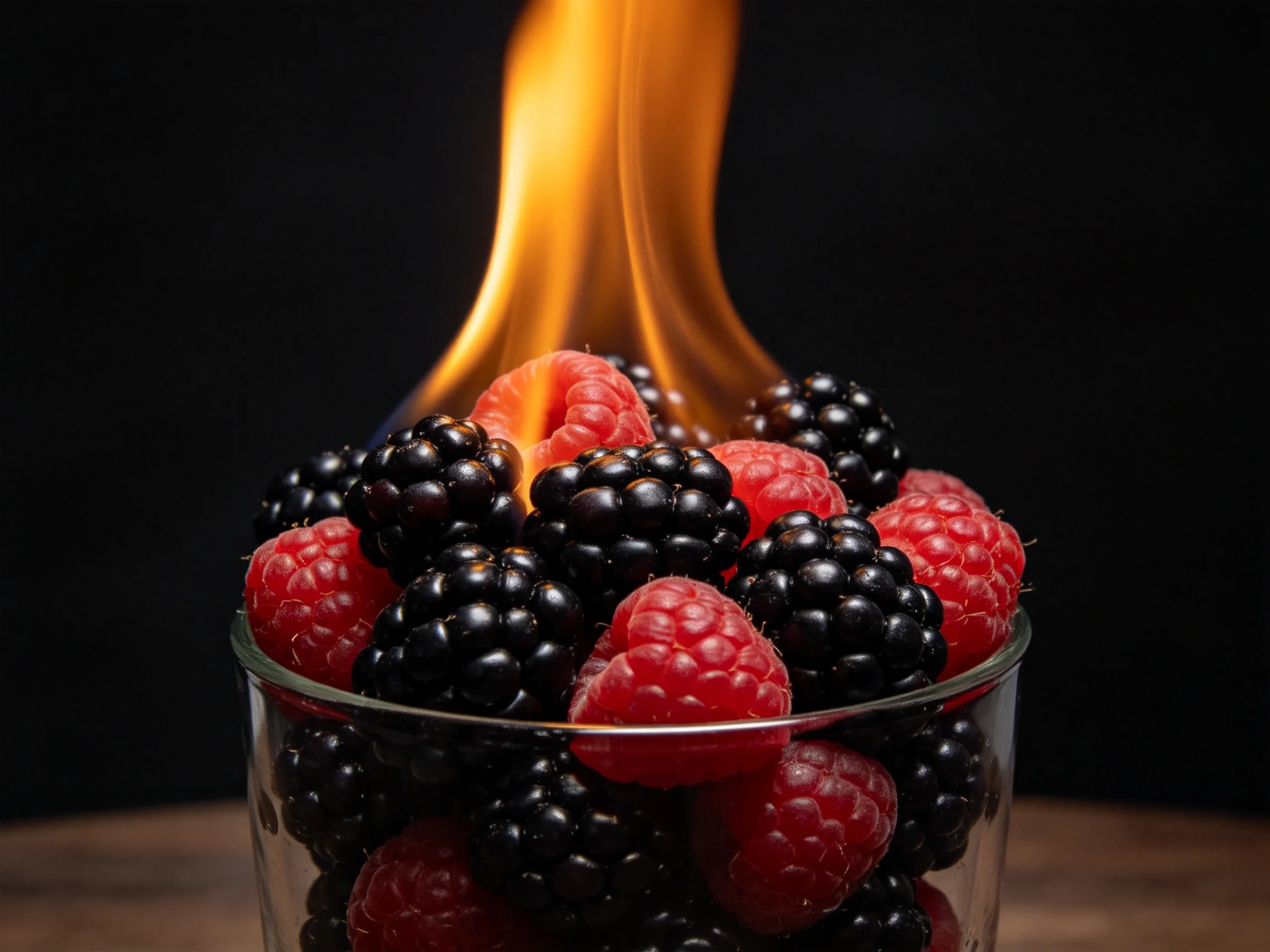 A glass brimming with mixed berries and vibrant flames