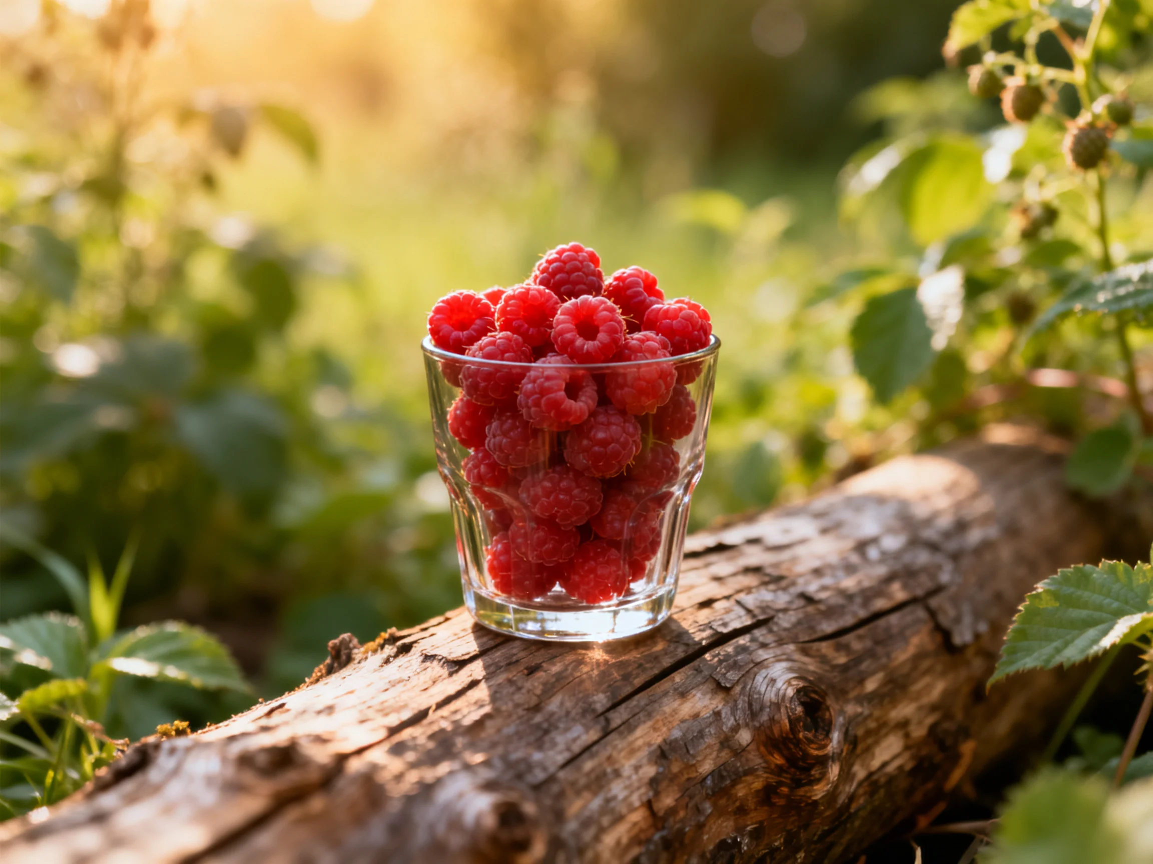 A glass brimming with vibrant red raspberries rests on a weathered wooden log outdoors.