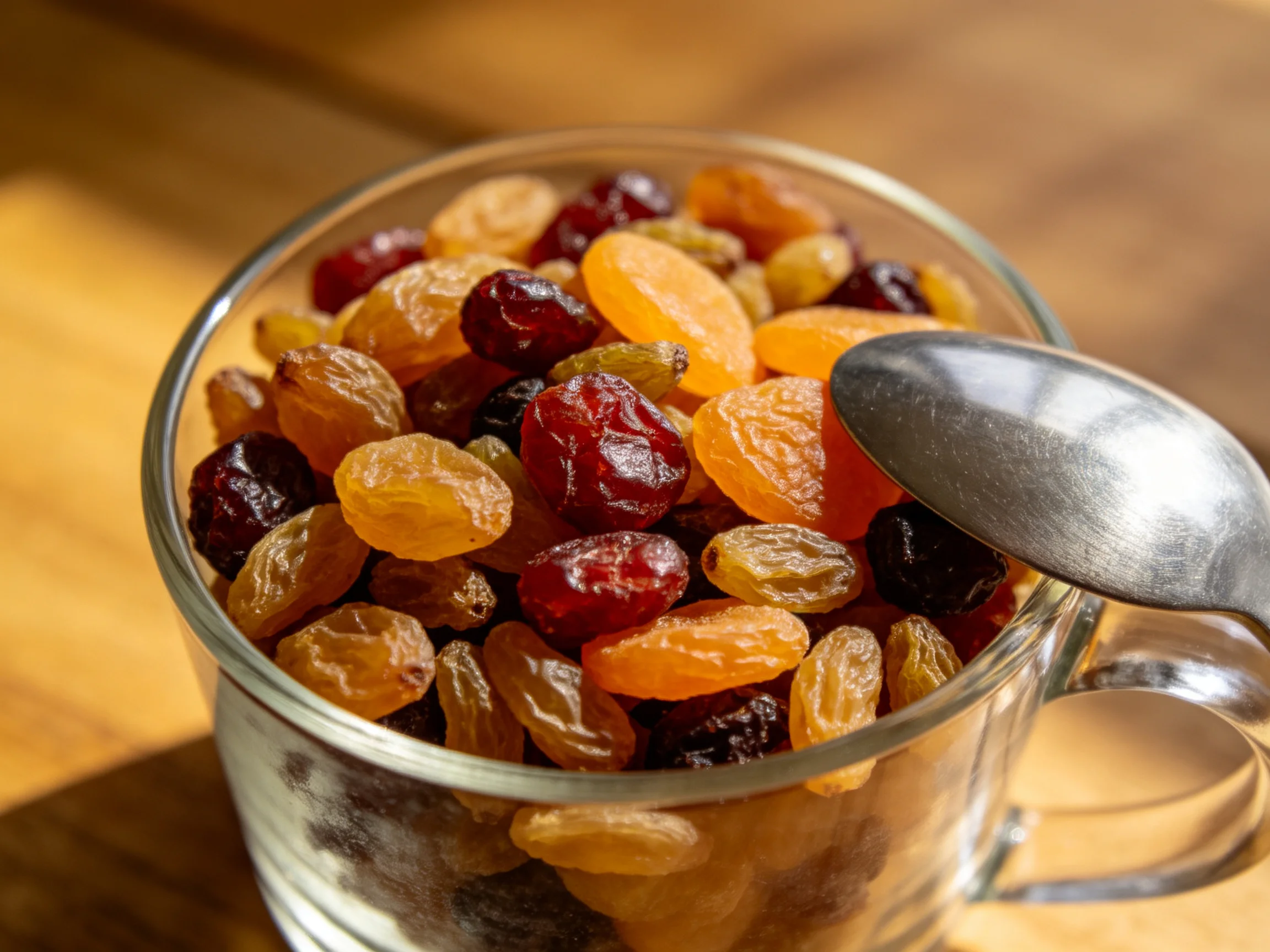 A glass cup filled with assorted colorful dried fruits and a metal spoon