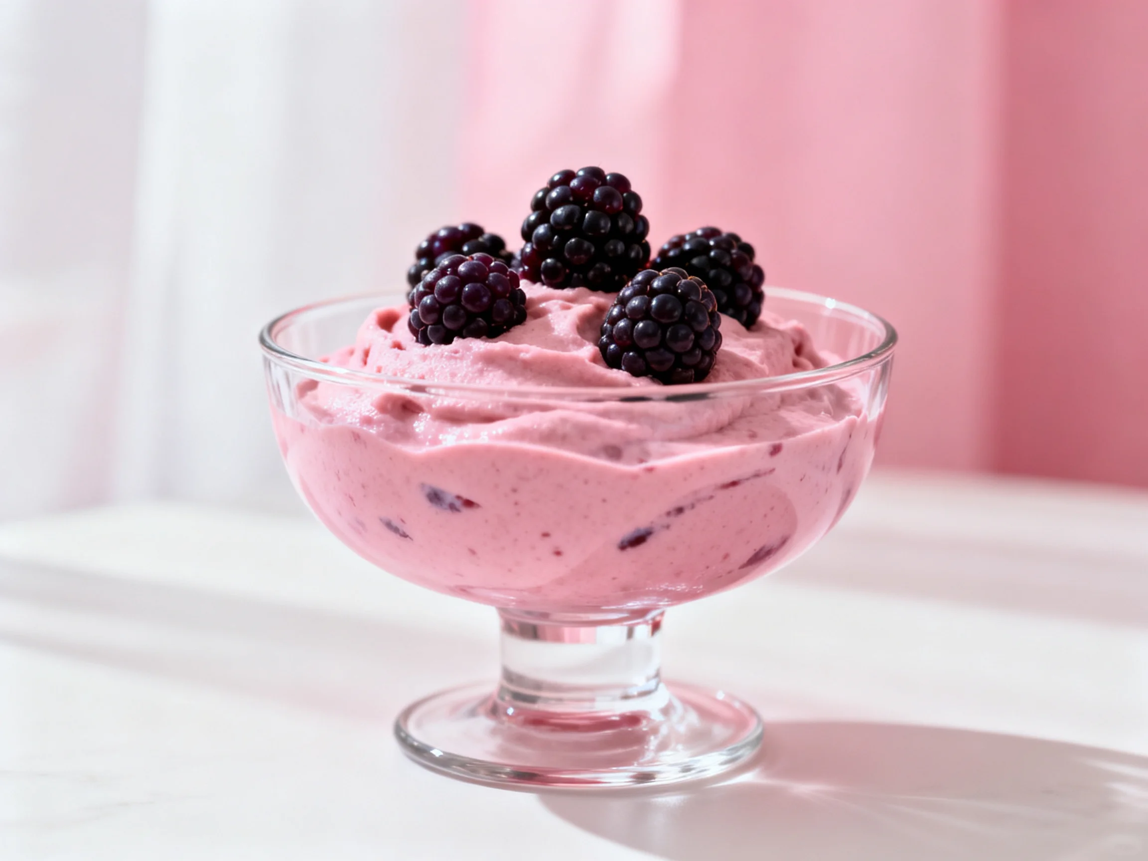 A glass dish holds pink berry mousse topped with fresh blackberries