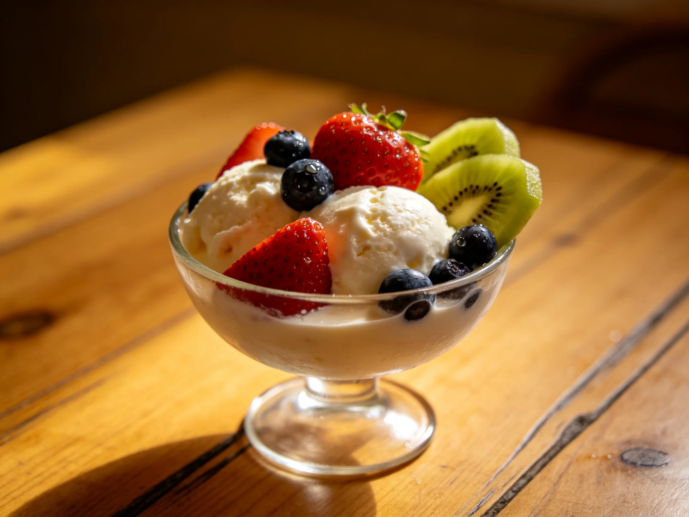 A glass dish holds two scoops of vanilla ice cream with strawberries, blueberries, and kiwi slices.
