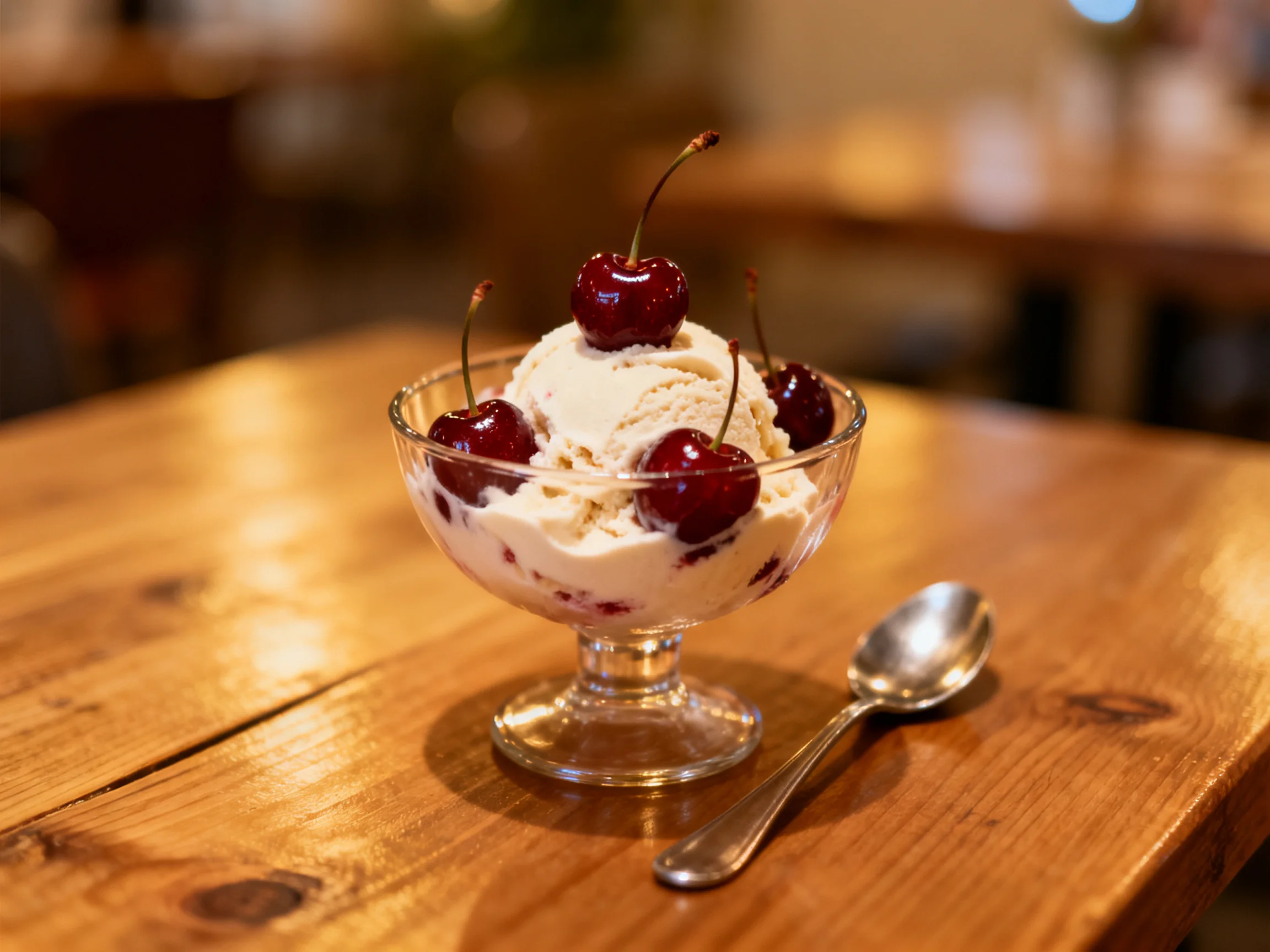 A glass dish of creamy vanilla ice cream with fresh dark cherries