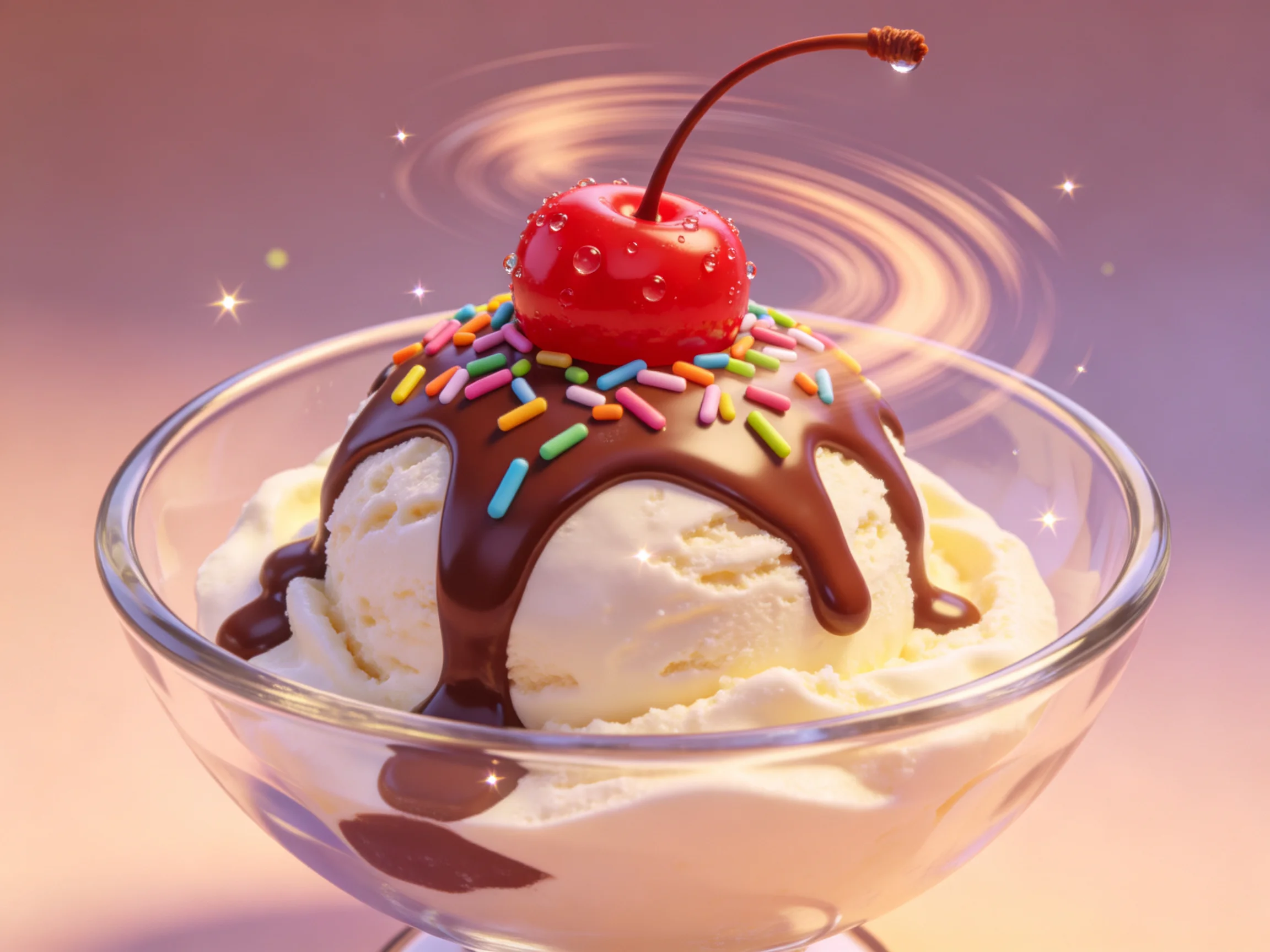 A glass dish serves vanilla ice cream with chocolate drizzle, sprinkles, and a cherry