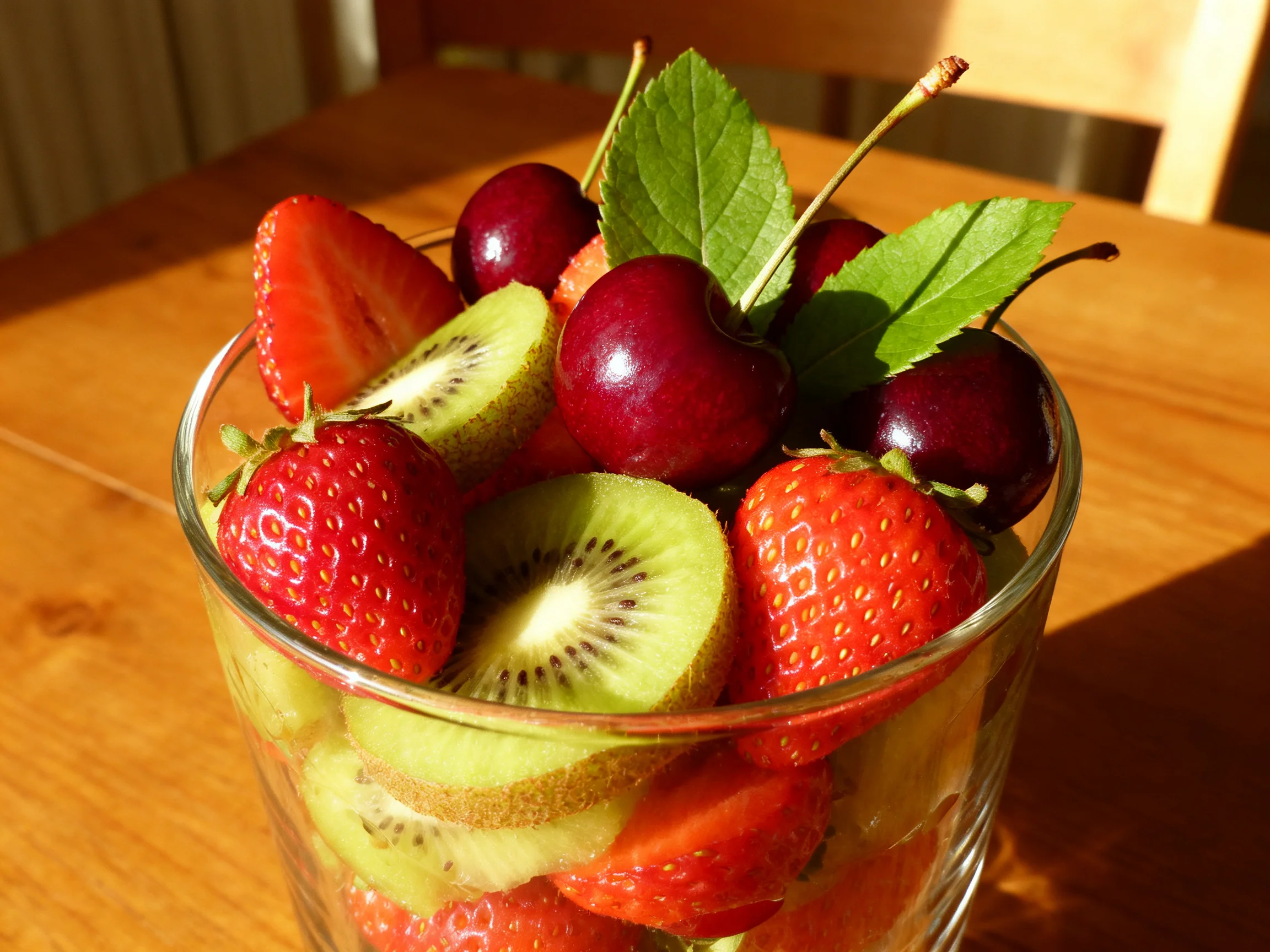 A glass filled with strawberries, kiwis, cherries, and mint leaves on a wooden table