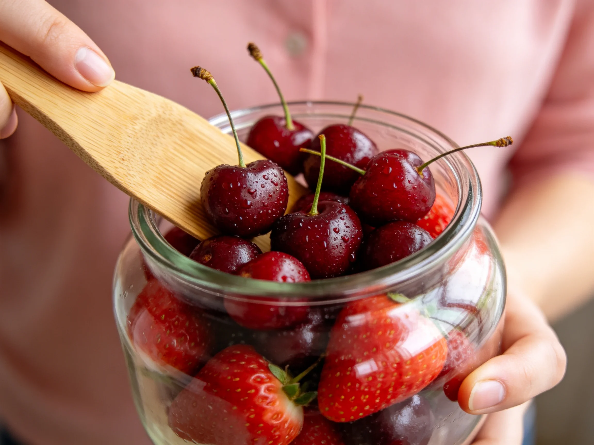 A glass jar brimming with dark red cherries and bright strawberries