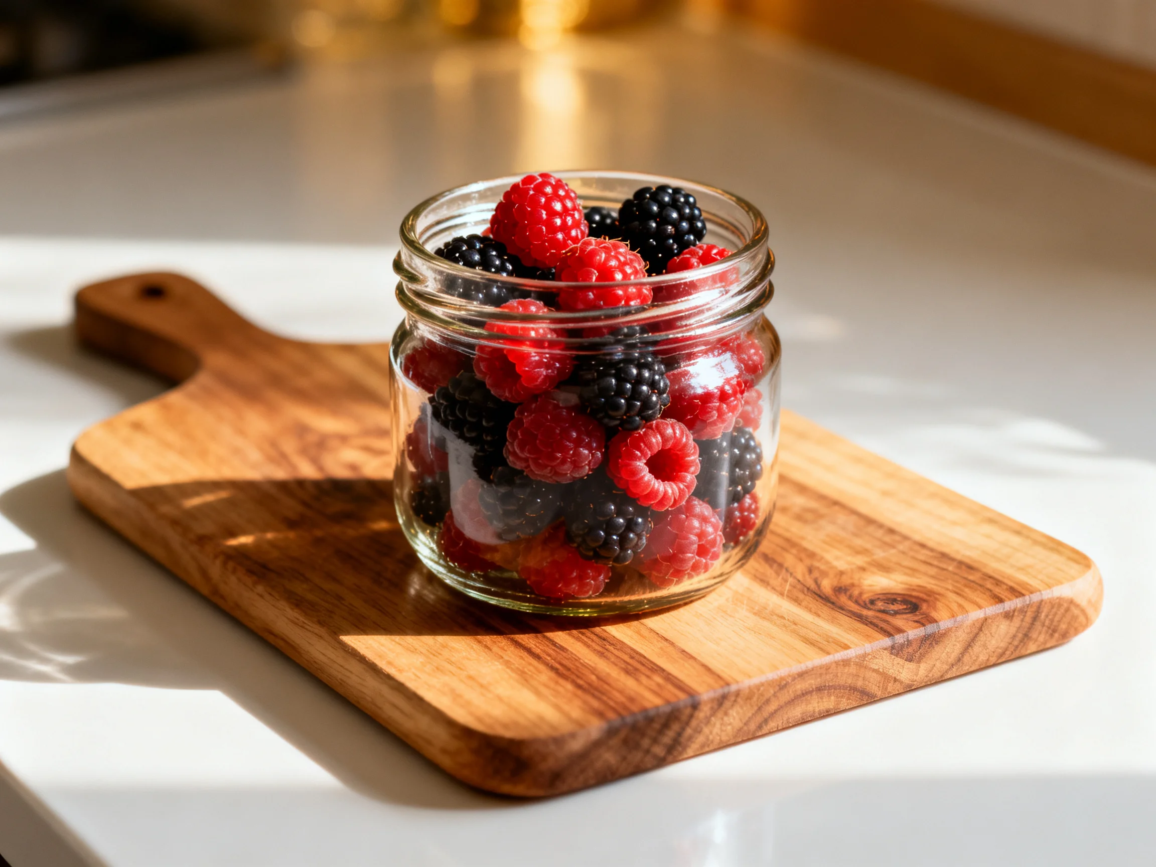 A glass jar filled with red raspberries and dark blackberries sits on a wooden cutting board