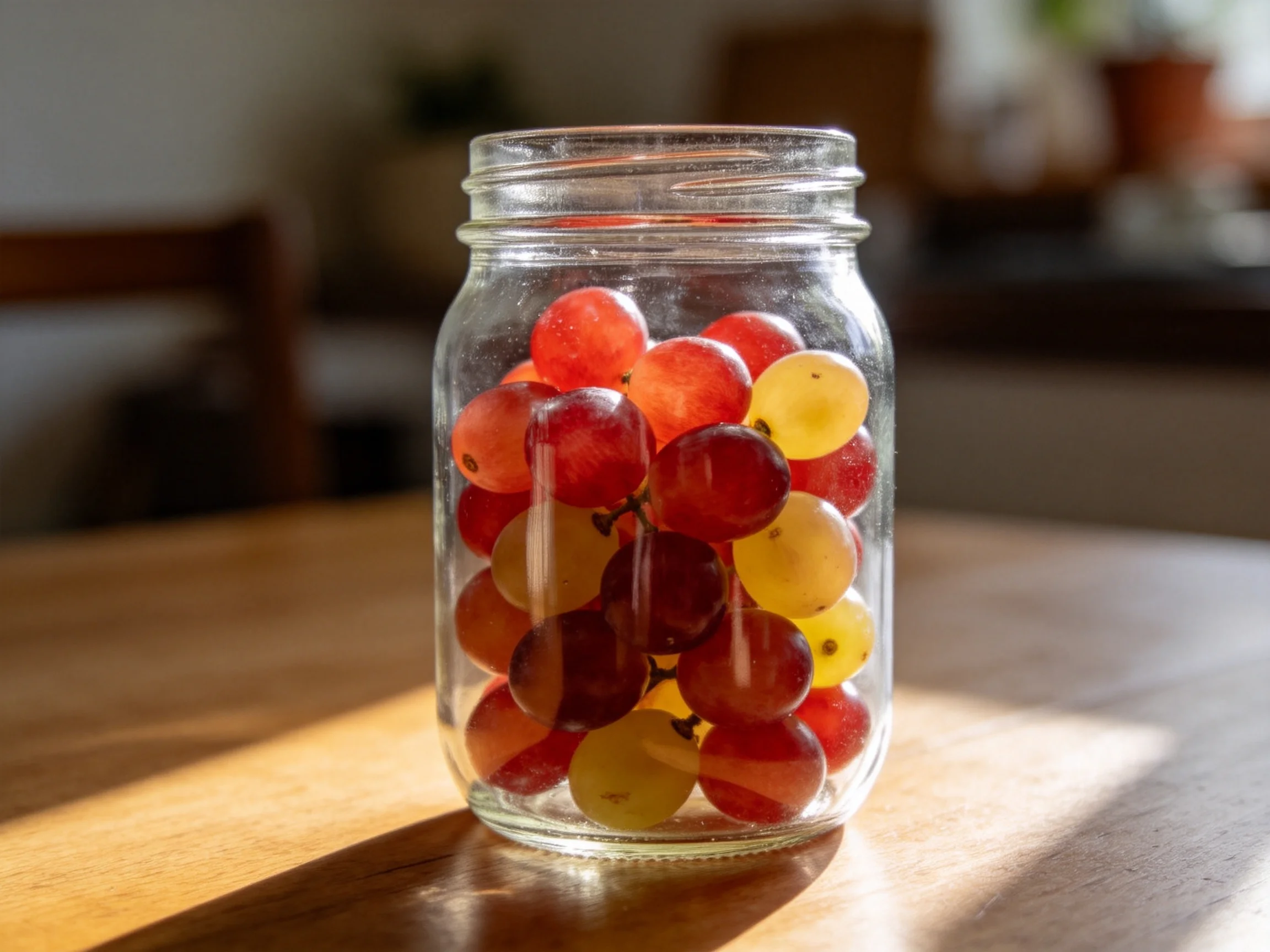 A glass jar holding red and yellow grapes on a wooden table