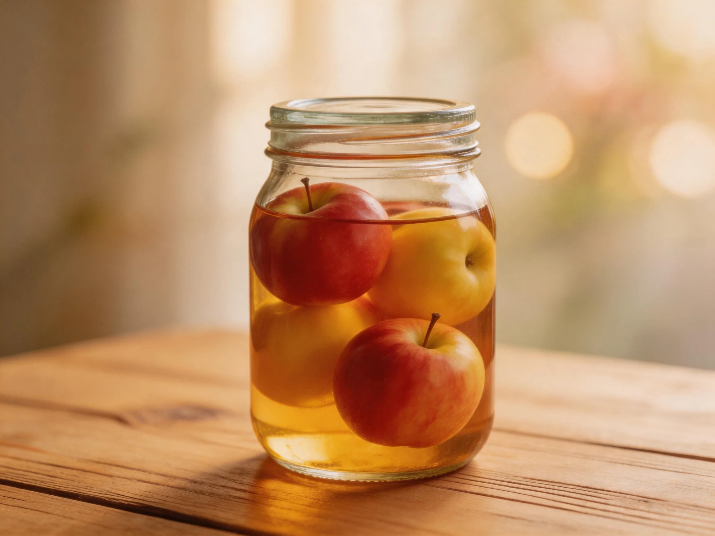 A glass jar holds red and yellow apples submerged in amber liquid