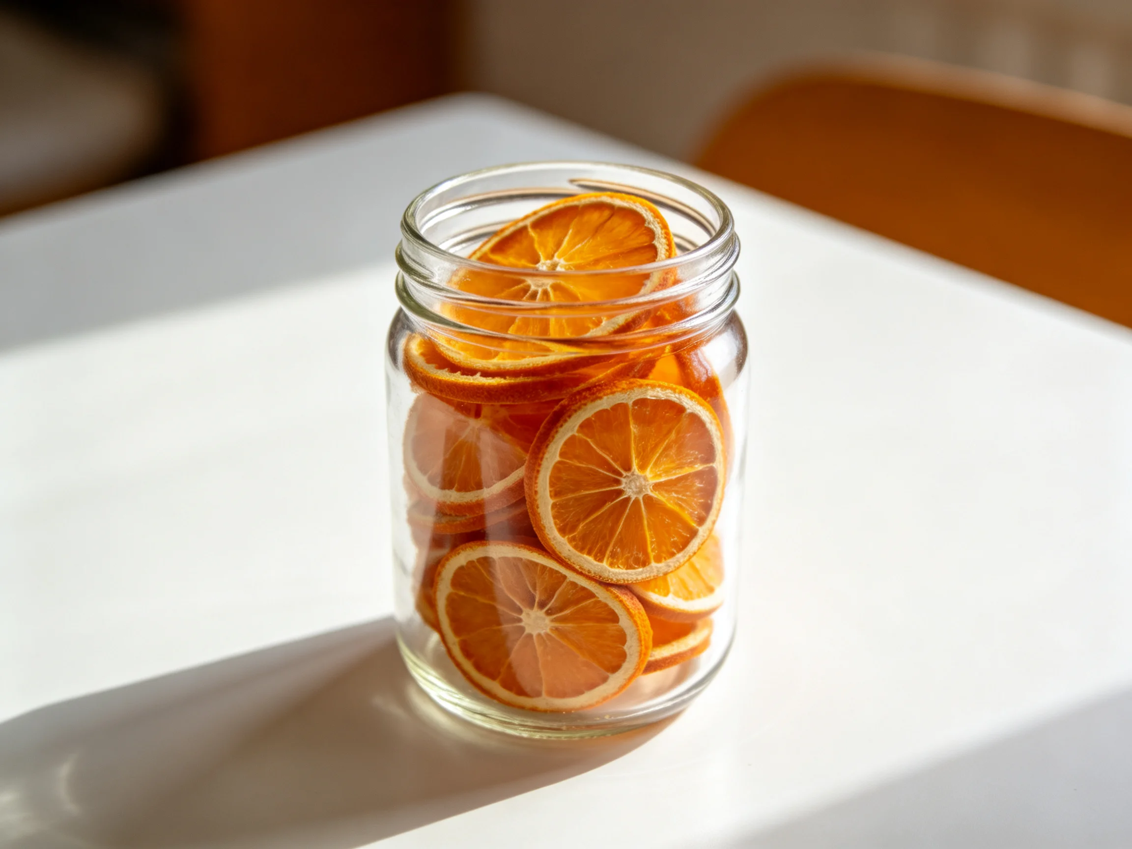 A glass jar holds vibrant dried orange slices on a white table