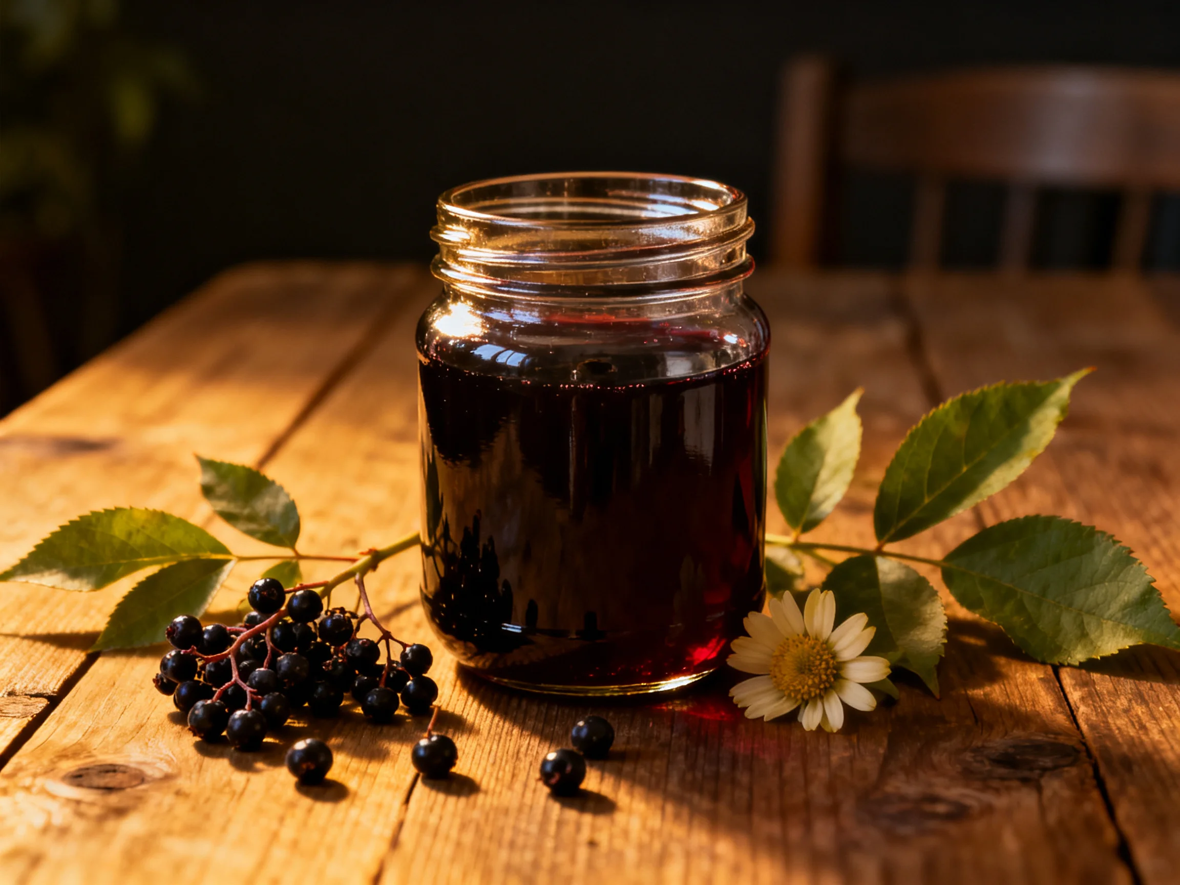 A glass jar of deep burgundy jam beside elderberries and green leaves