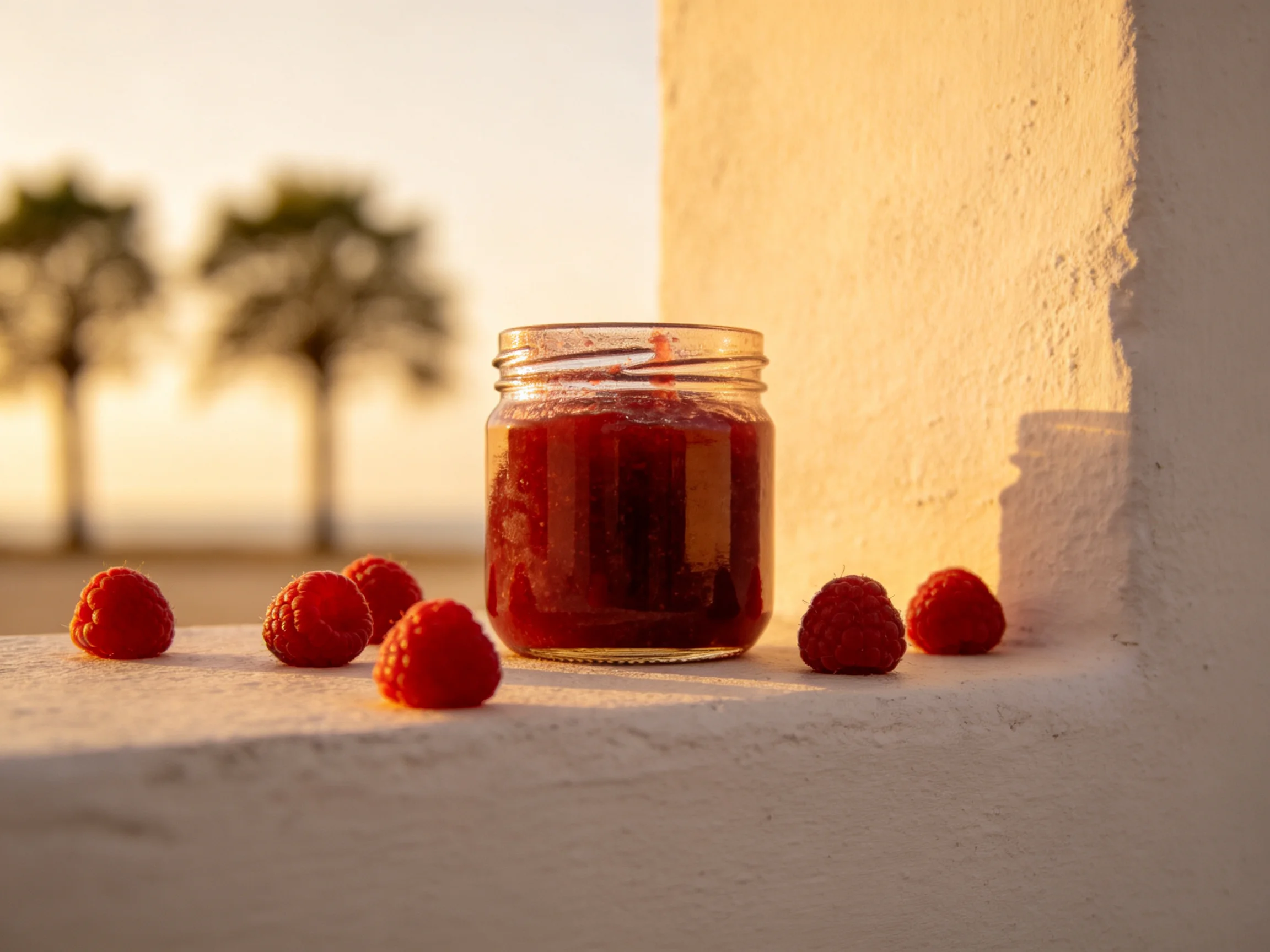 A glass jar of deep red jam beside vibrant raspberries near a white wall