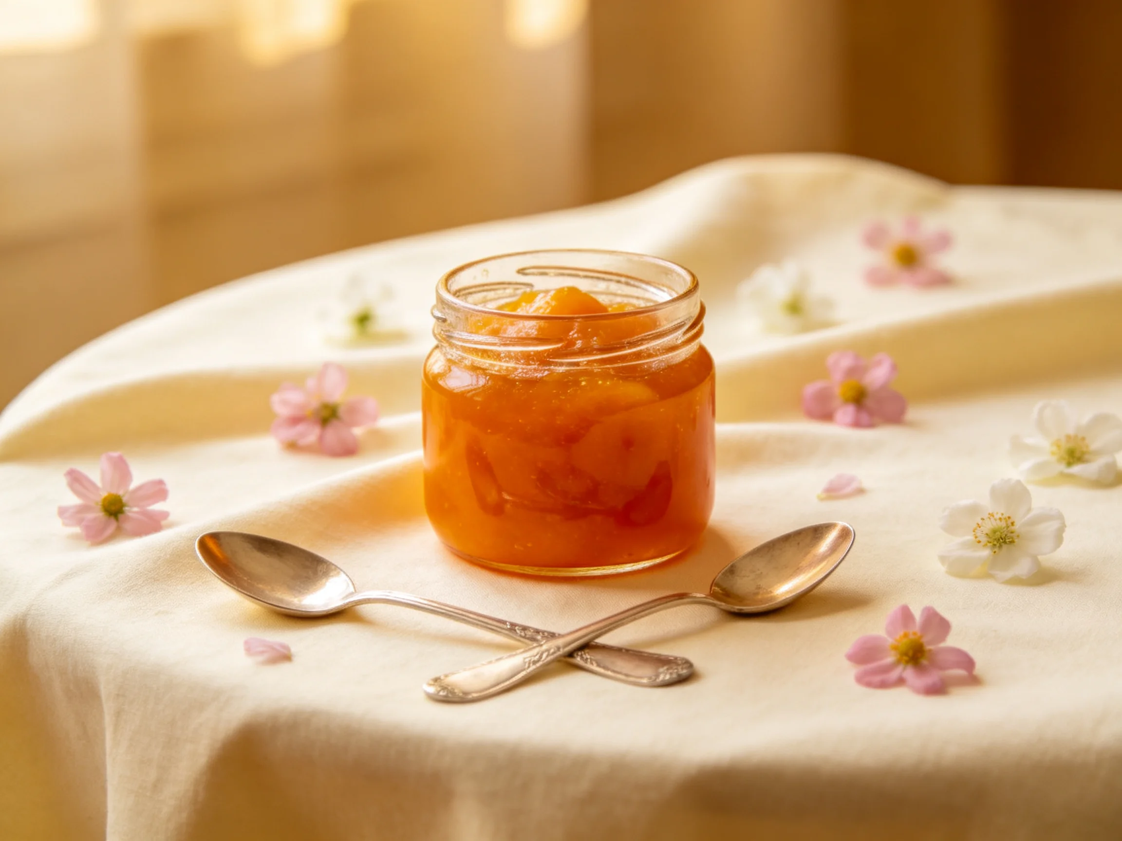 A glass jar of orange jam on a cream tablecloth with silver spoons and flowers