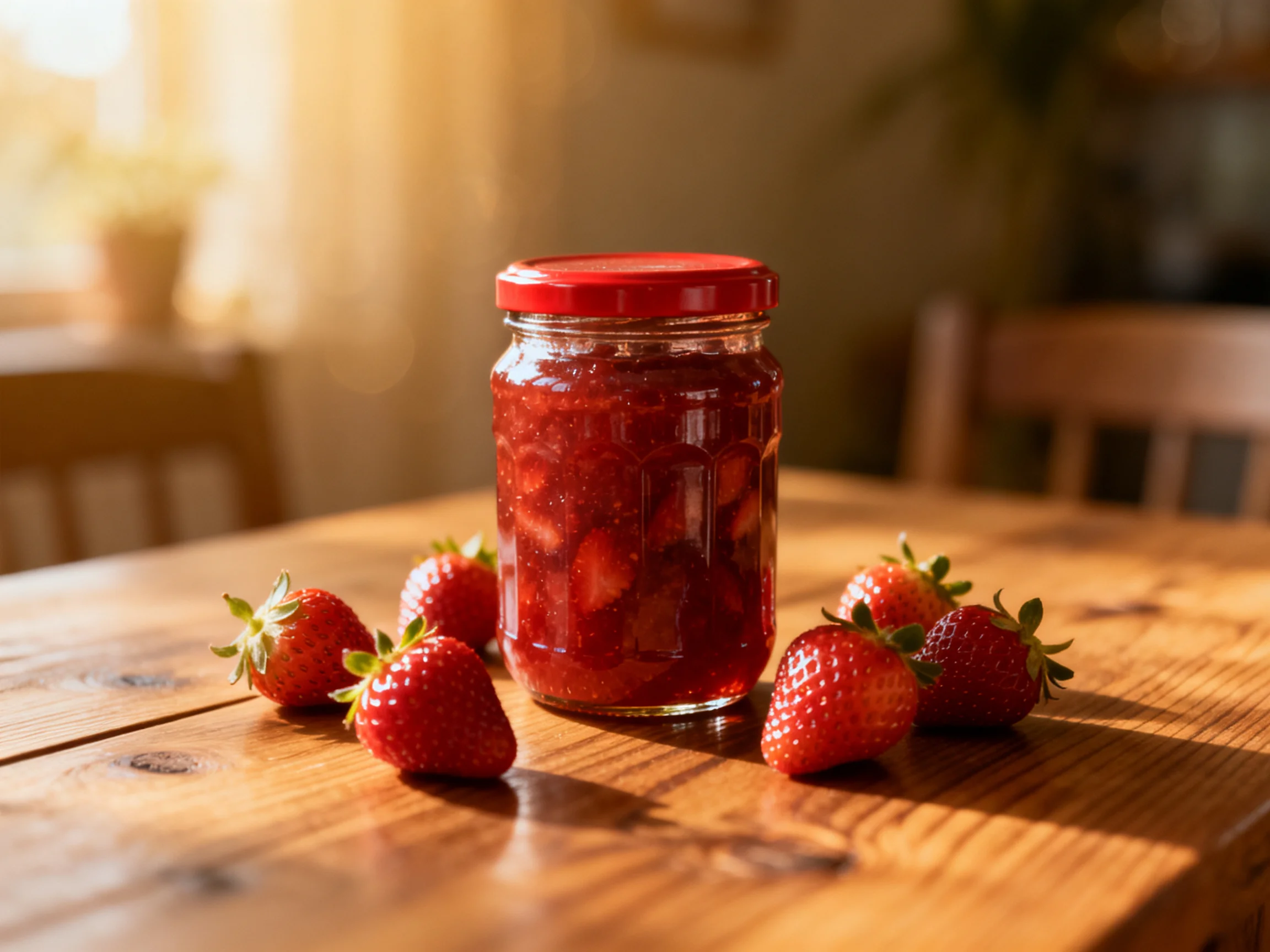 A glass jar of red strawberry jam surrounded by fresh strawberries