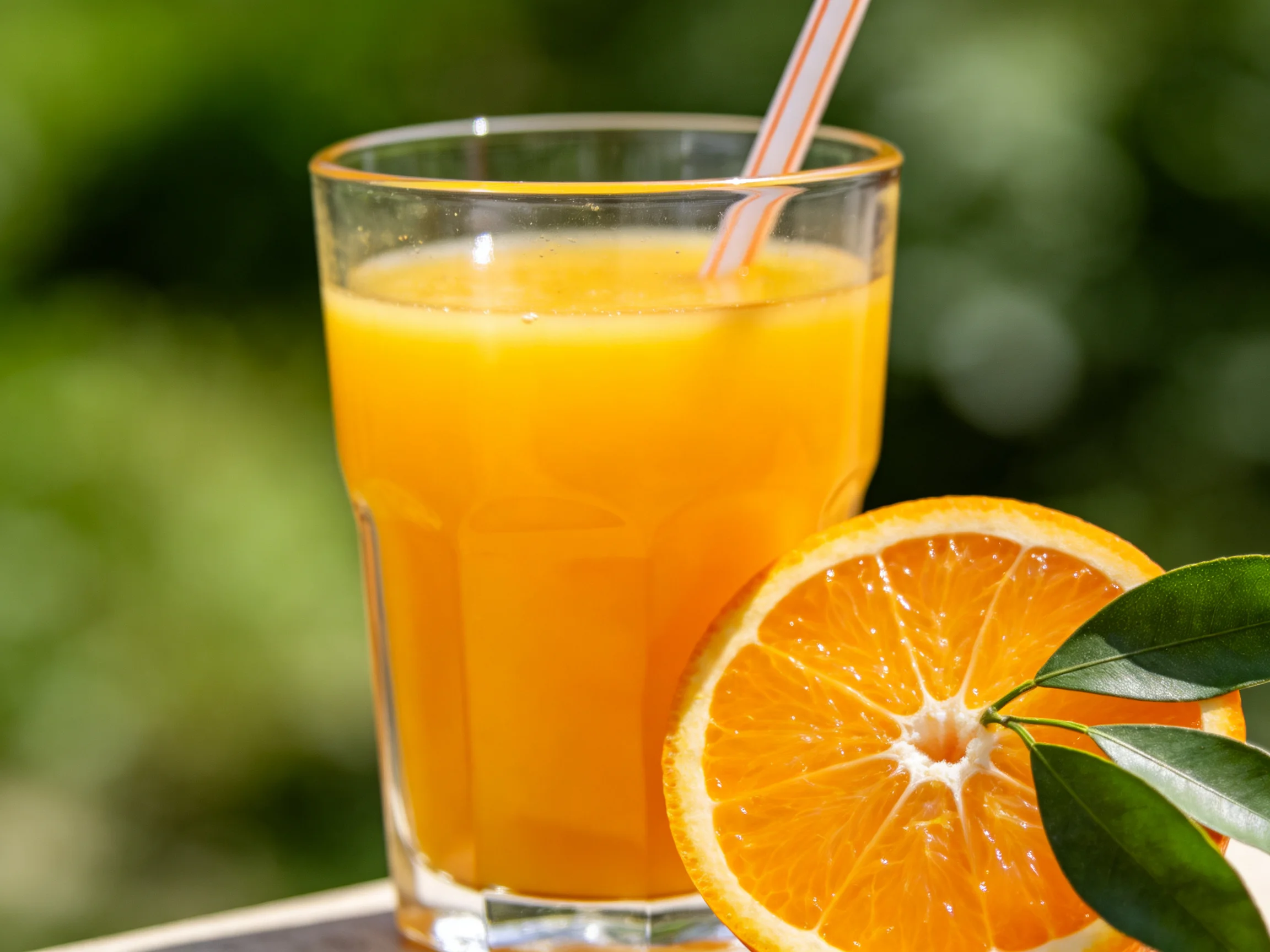 A glass of bright orange juice beside a halved orange with green leaves