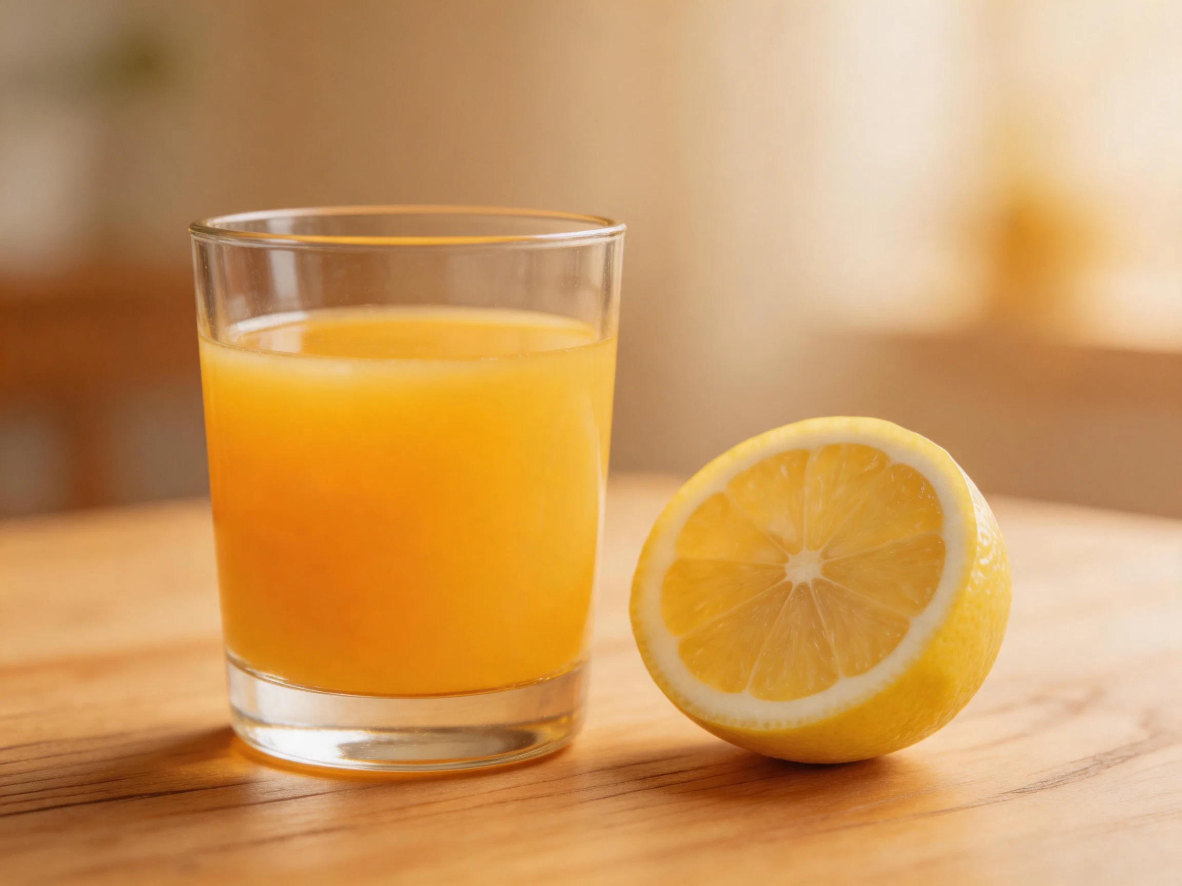 A glass of bright orange juice beside a halved yellow lemon on a wooden table