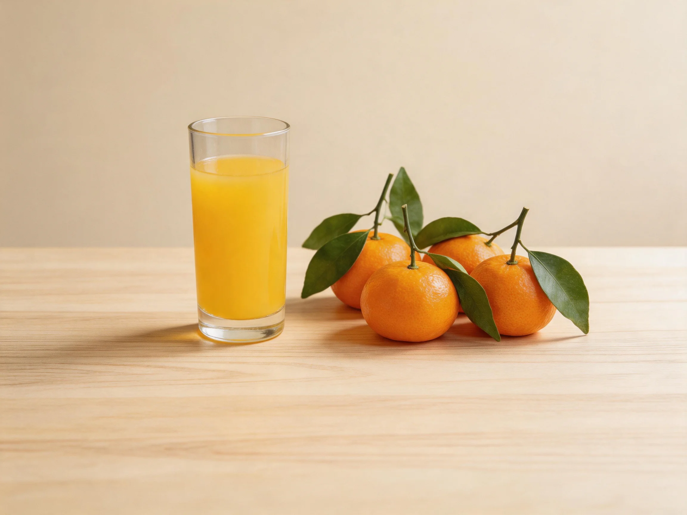 A glass of bright orange juice beside four leafy tangerines