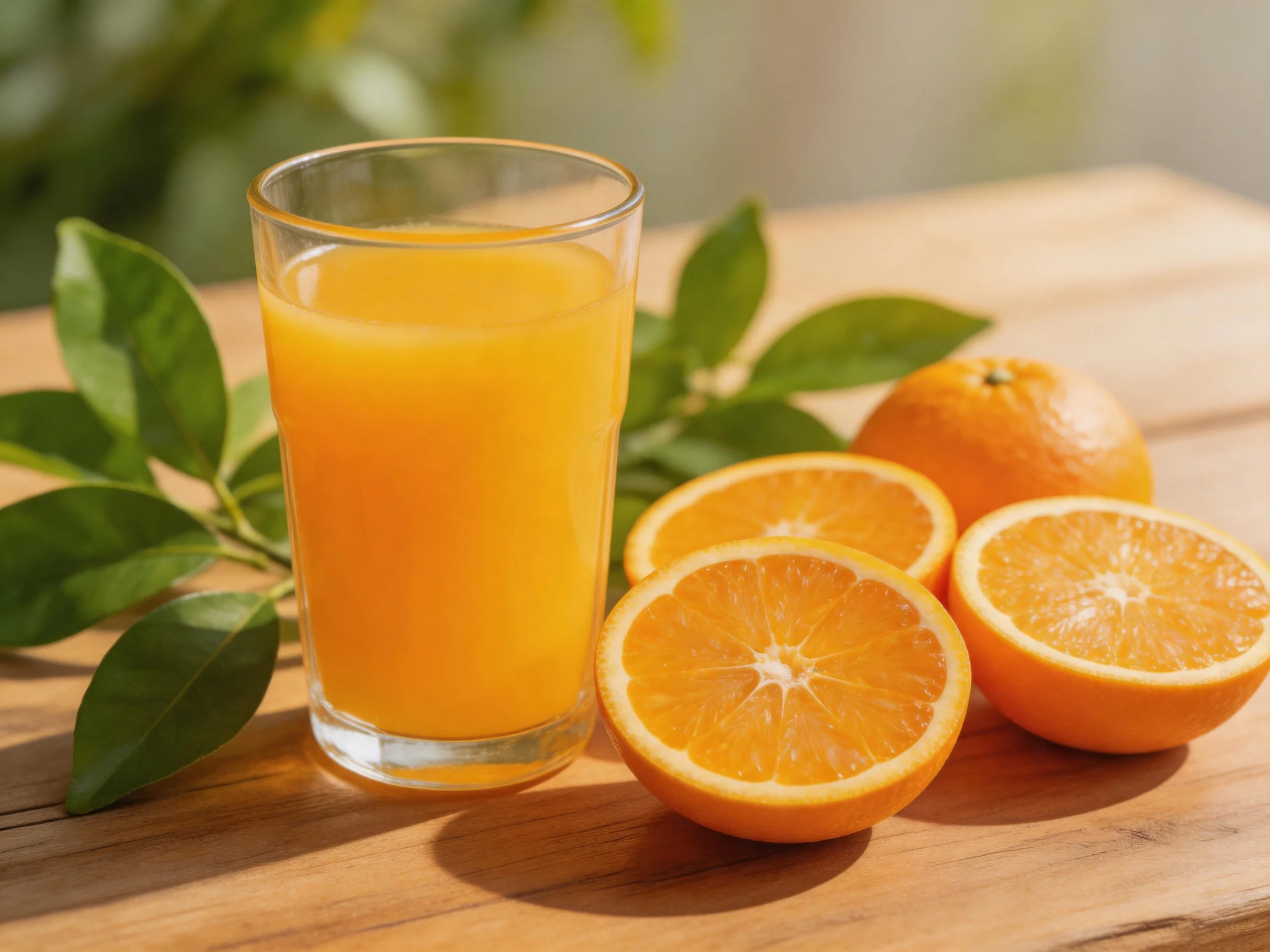 A glass of bright orange juice beside sliced and whole oranges with green leaves
