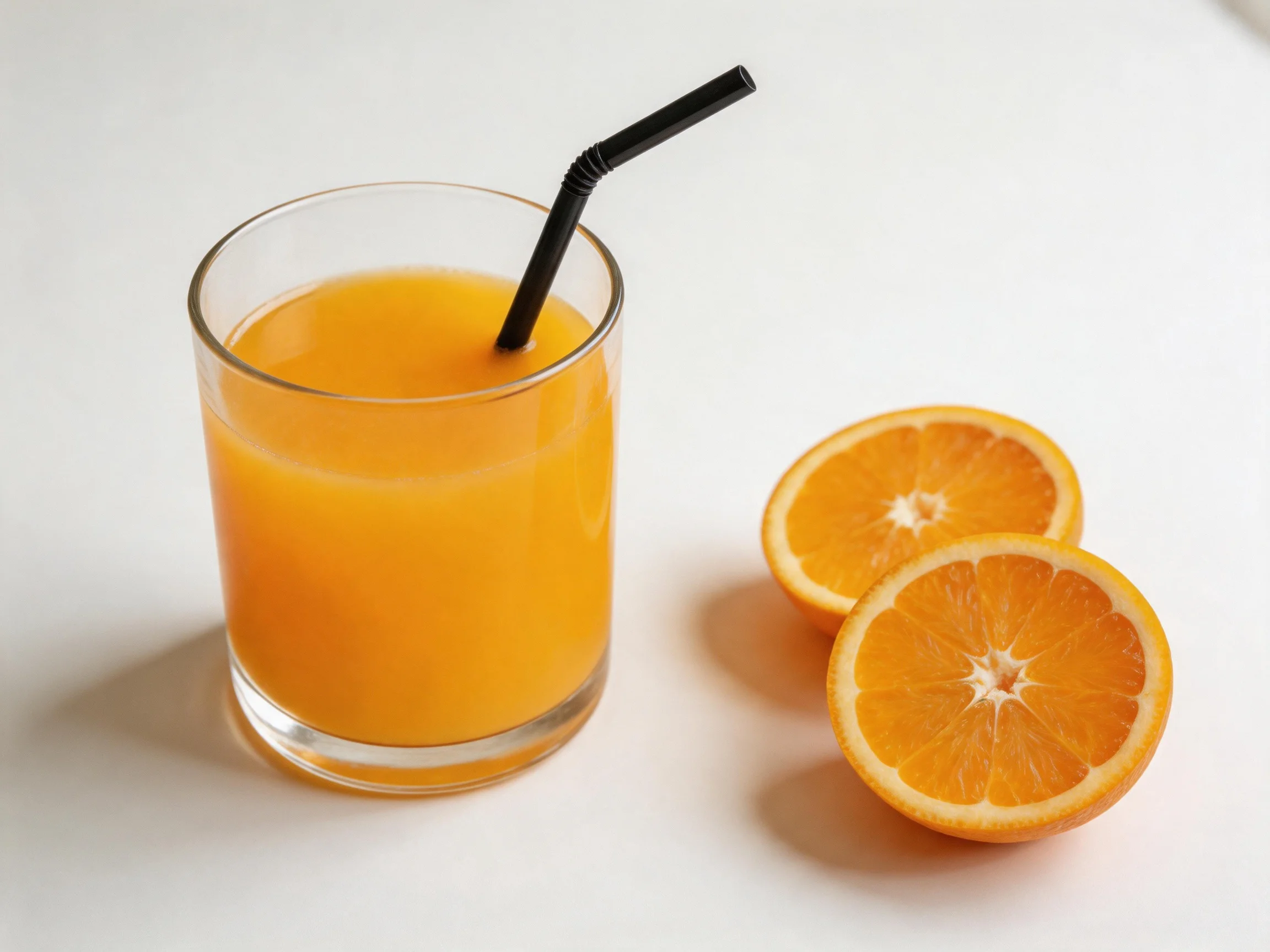 A glass of bright orange juice with a black straw beside two orange slices