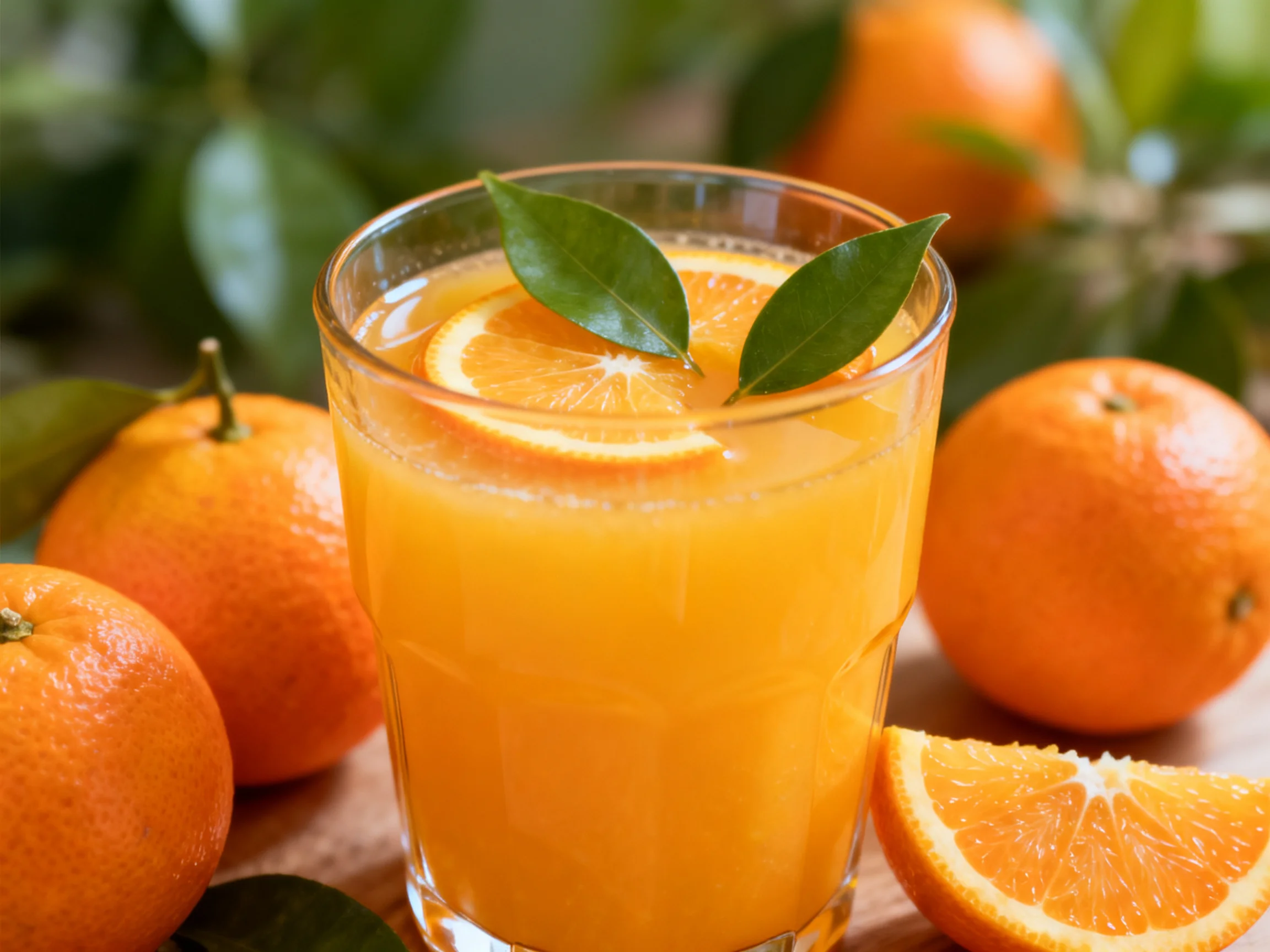 A glass of bright orange juice with fresh oranges and green leaves