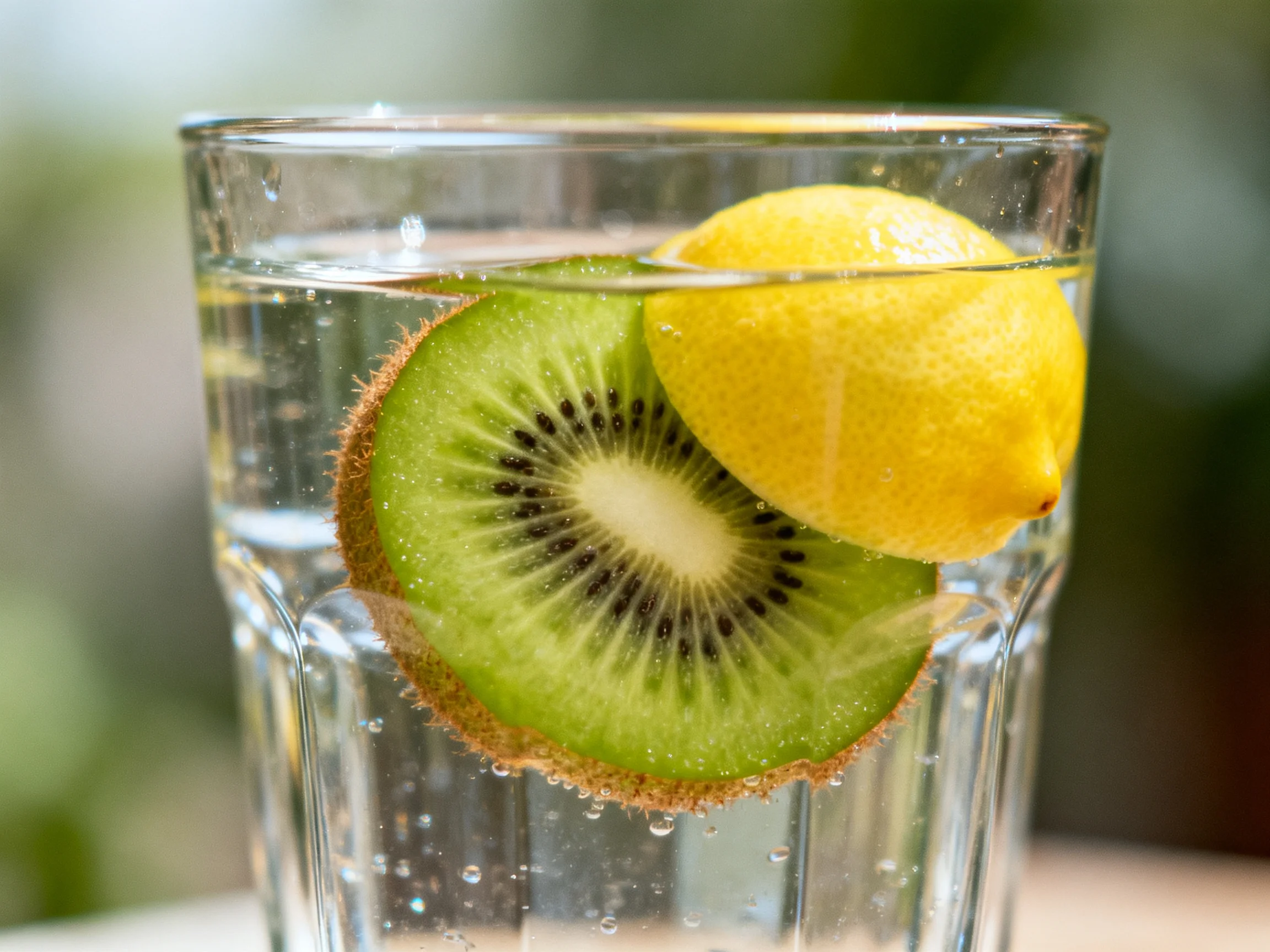 A glass of clear water holds a kiwi slice and lemon slice
