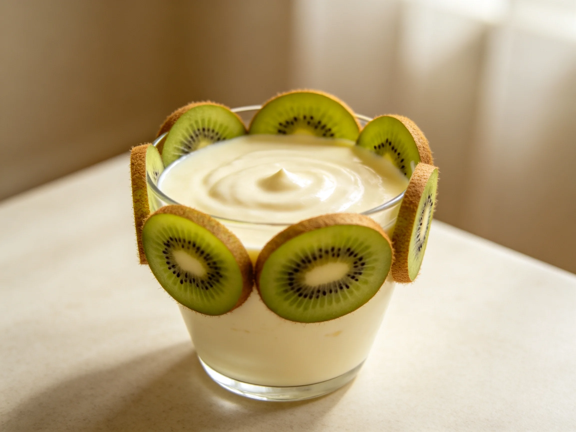 A glass of creamy dessert garnished with fresh kiwi slices